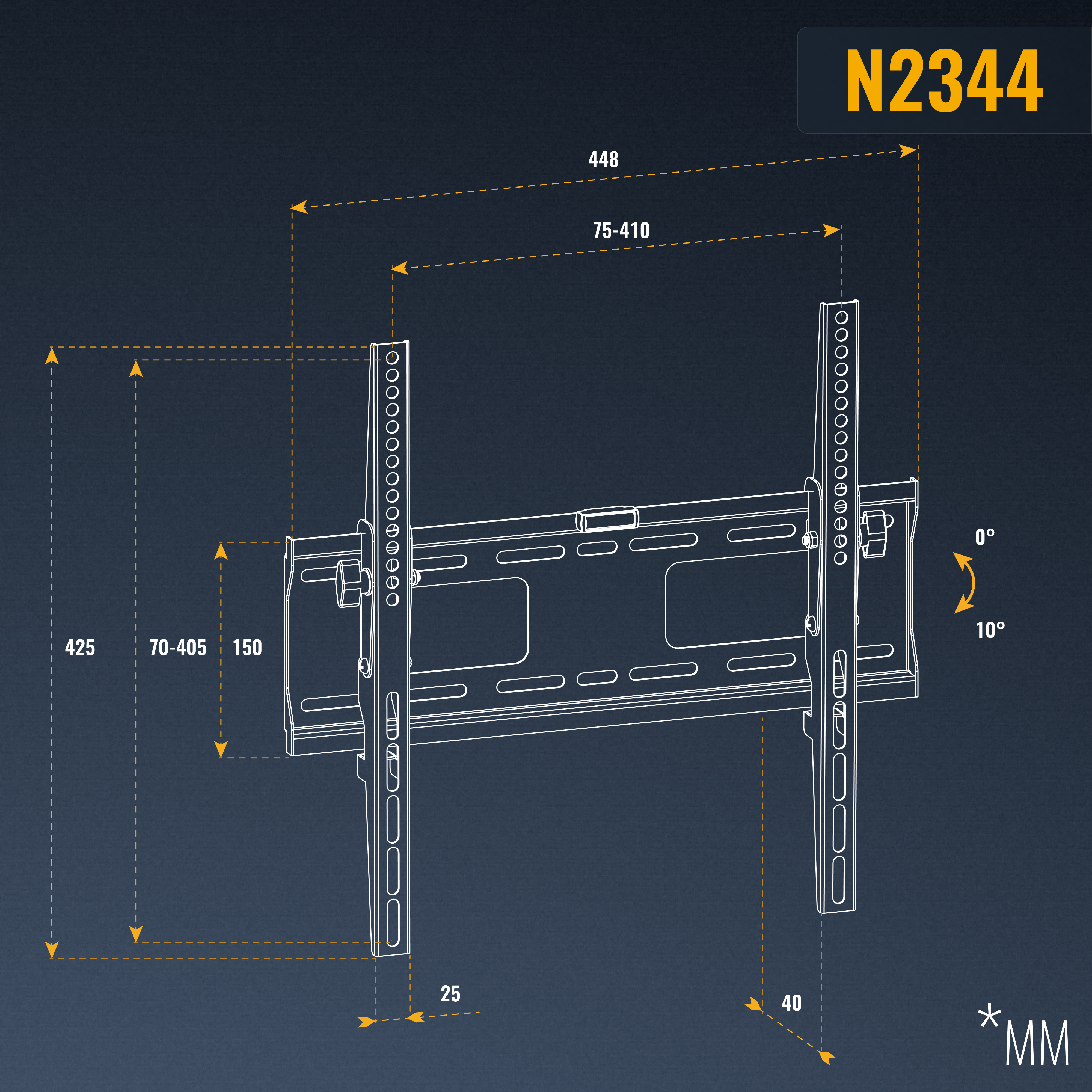 Draufsicht, die den Auszugsbereich eines Monitorarms zeigt und von 66 mm bis 446 mm misst.