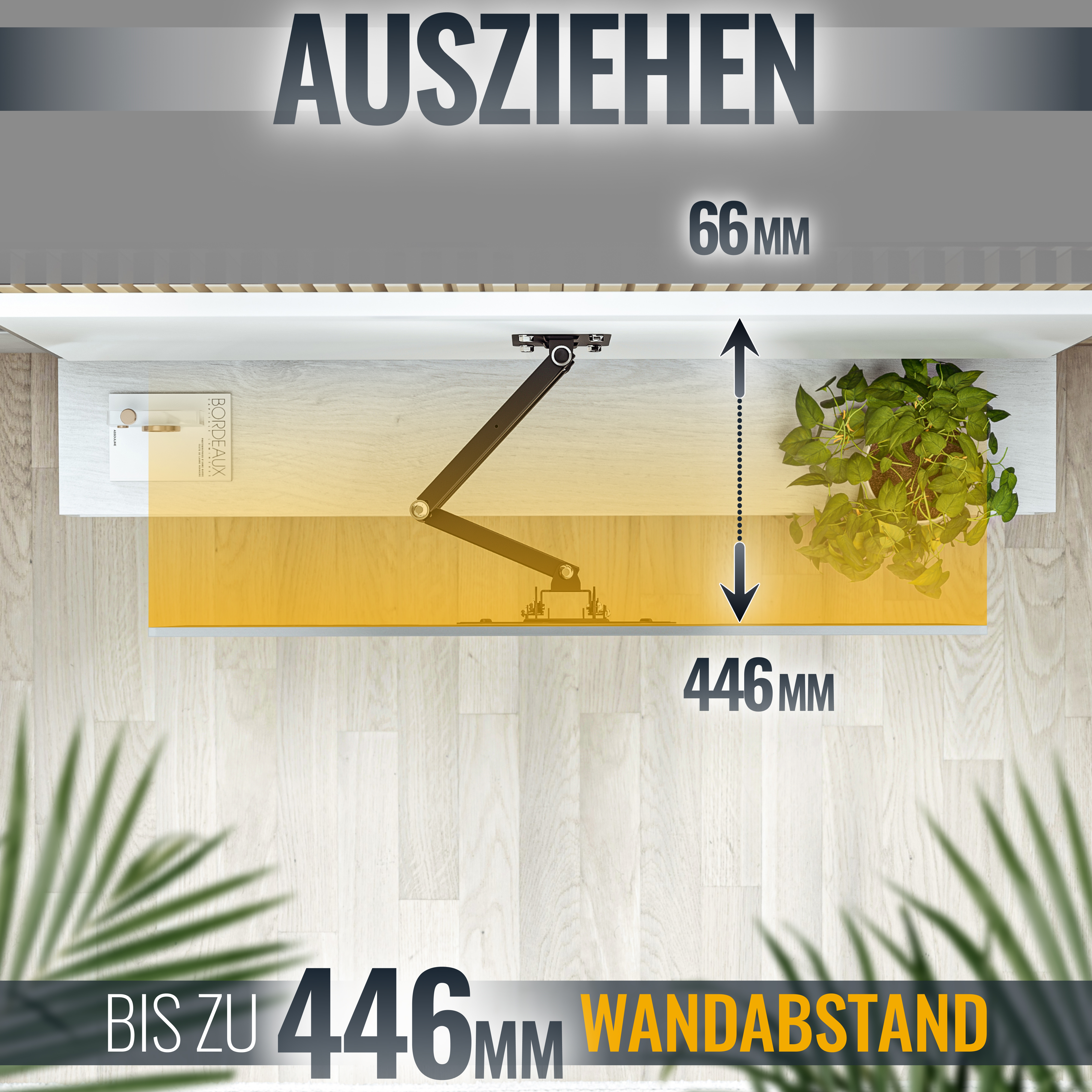 Technische Zeichnung mit Maßen einer Monitorhalterung, beschriftet mit Maßen in Millimetern.