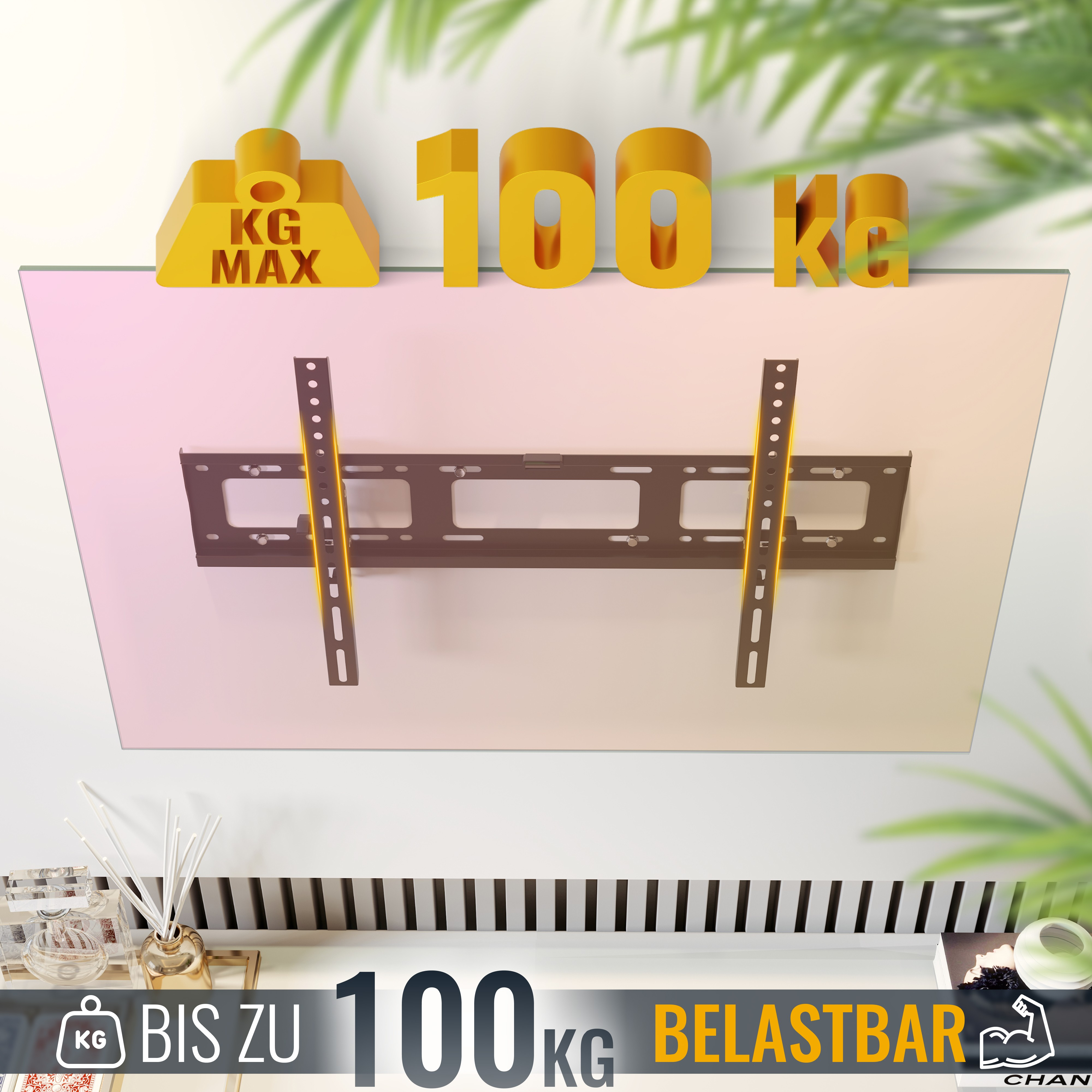 Diagramma che mostra la compatibilità VESA per un supporto TV, con dimensioni e indicatori di compatibilità.
