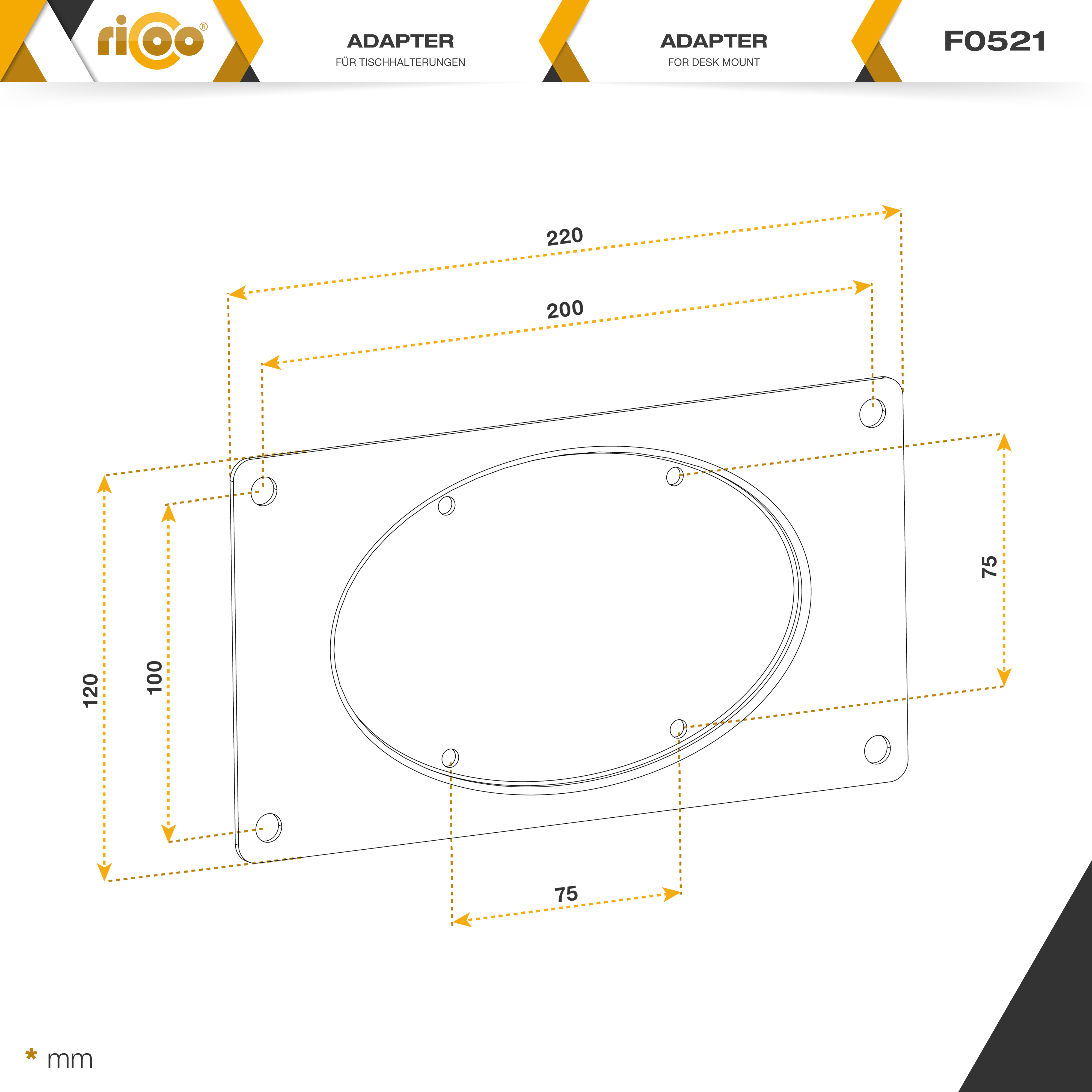 Adapter für Schreibtischhalterung, Diagramm mit Abmessungen in mm, Text F0521.