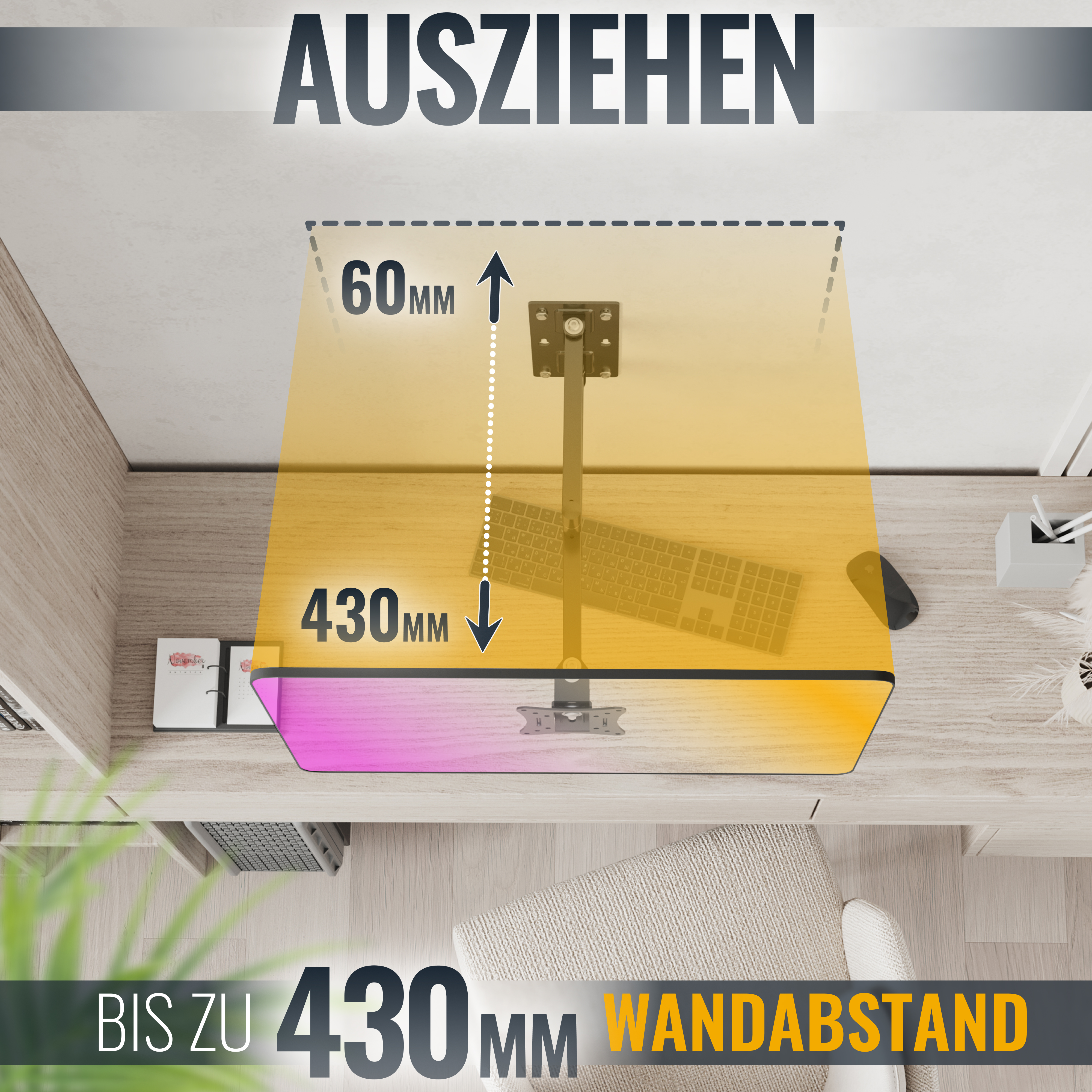 Das Bild zeigt eine Monitorhalterung, die 430 mm von einem Schreibtisch absteht, mit stilisierten Grafiken und Text.