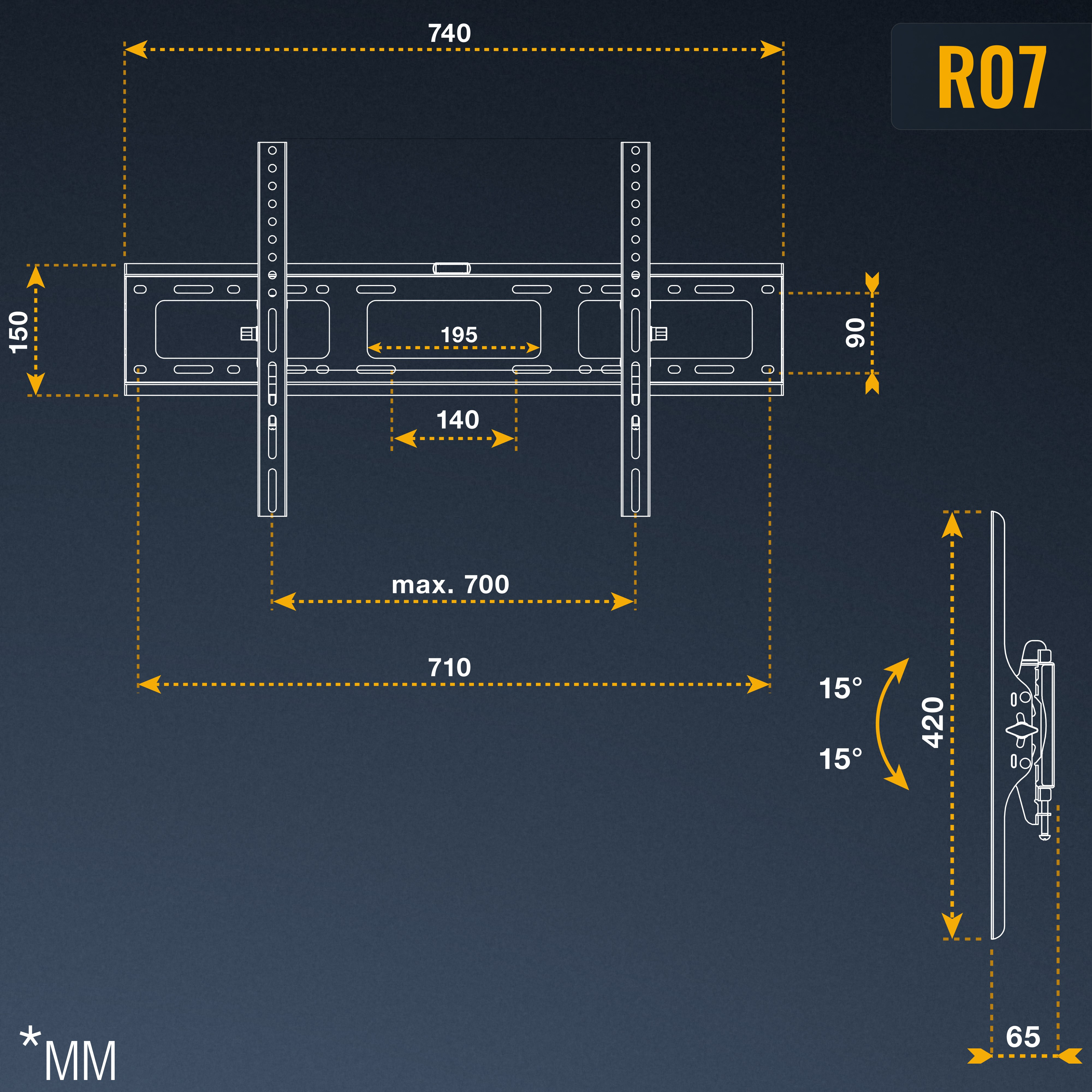 Disegno tecnico di un supporto TV che mostra dimensioni e angoli su uno sfondo scuro con linee guida e misure gialle.