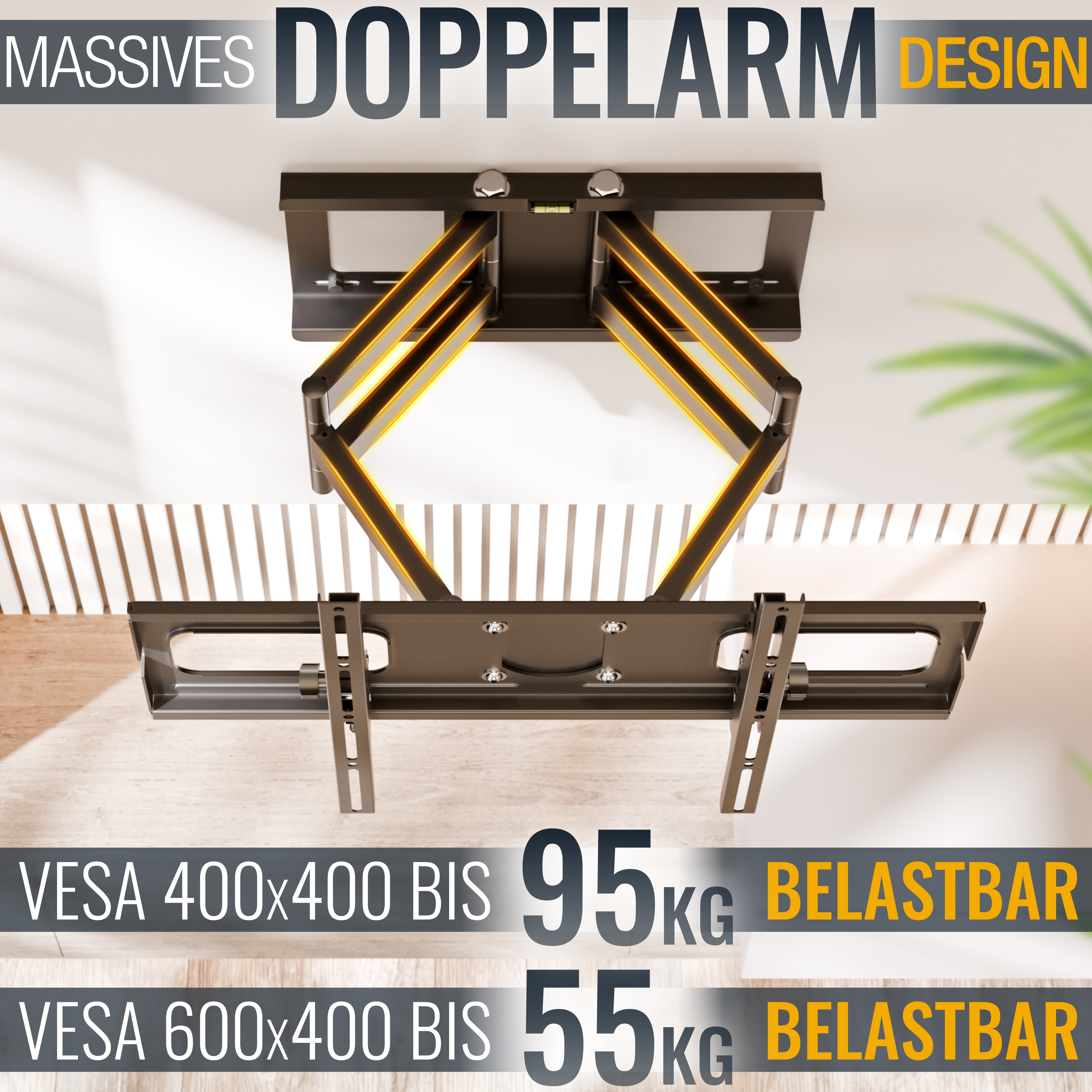 Eine TV-Wandhalterung mit Doppelarm-Design, mit den Worten "MASSIVES DOPPELARM DESIGN" und Informationen zur Tragfähigkeit.