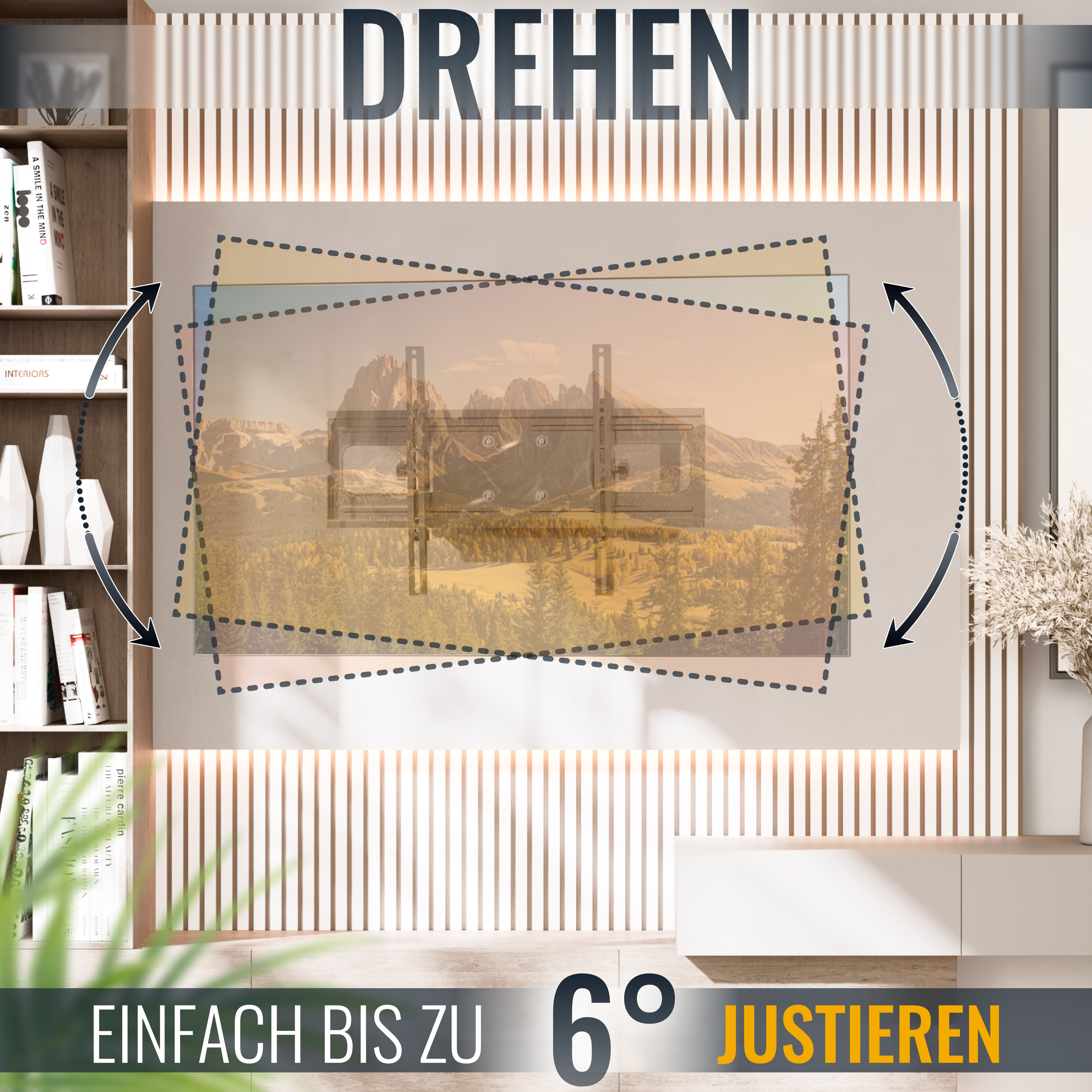 Das Bild zeigt eine TV-Wandhalterung mit Dreheinstellung, installiert in einem Raum mit modernem Dekor.