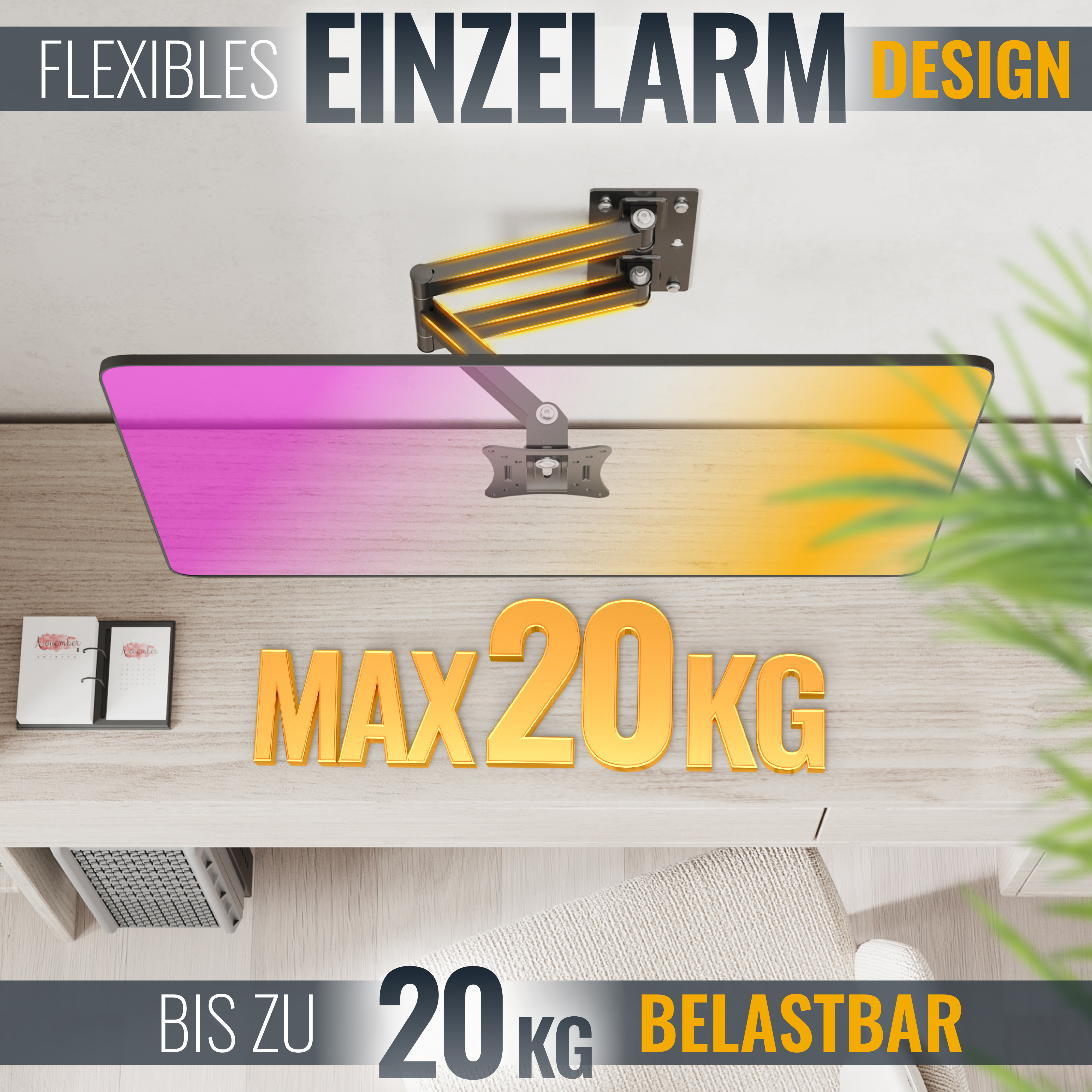 Eine TV-Wandhalterung mit Einzelarmdesign, mit den Worten "FLEXIBLES EINZELARM DESIGN" und Informationen zur Tragfähigkeit.