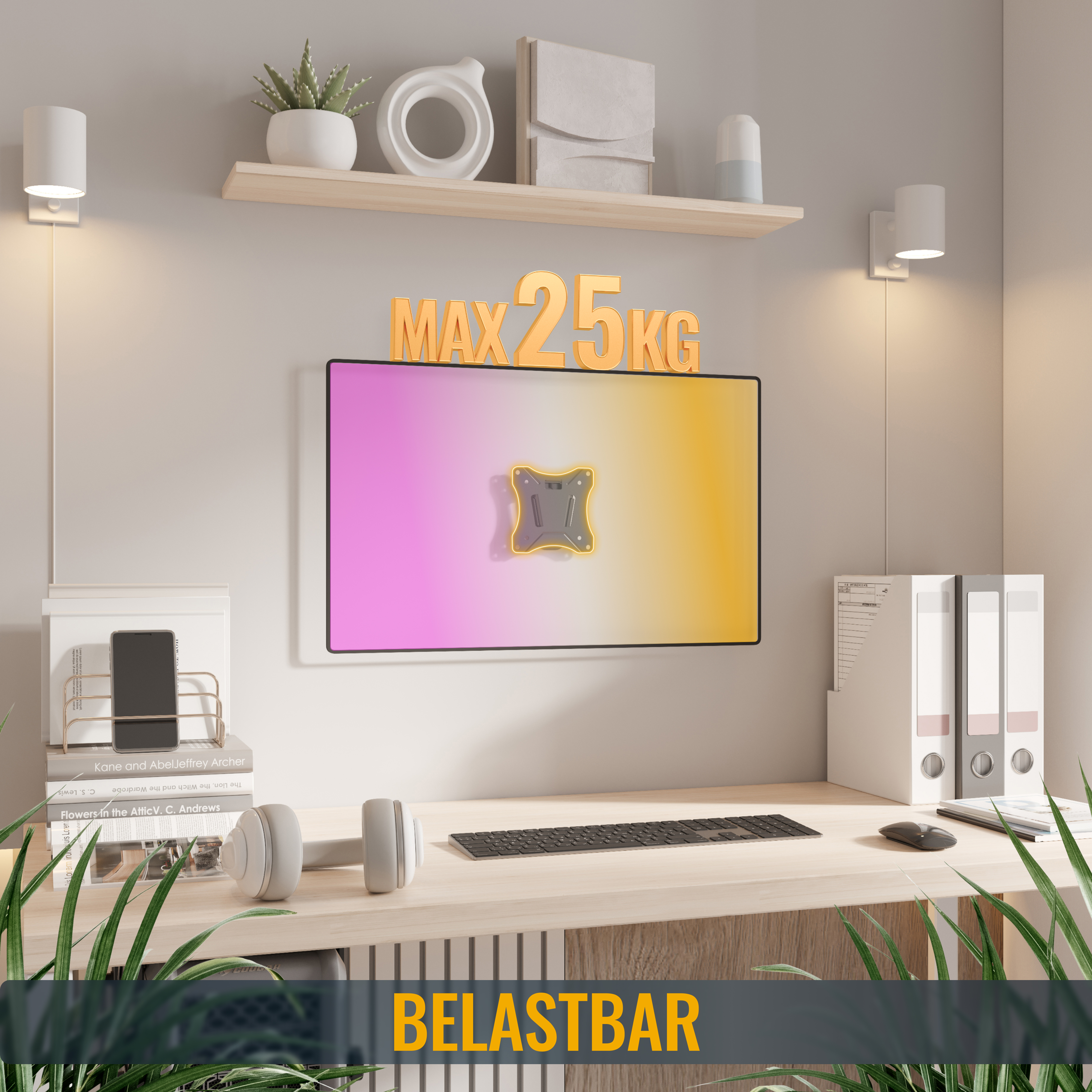 Ein moderner Schreibtisch mit einem an der Wand montierten Fernseher darüber, Pflanzen und maximaler Belastbarkeit.