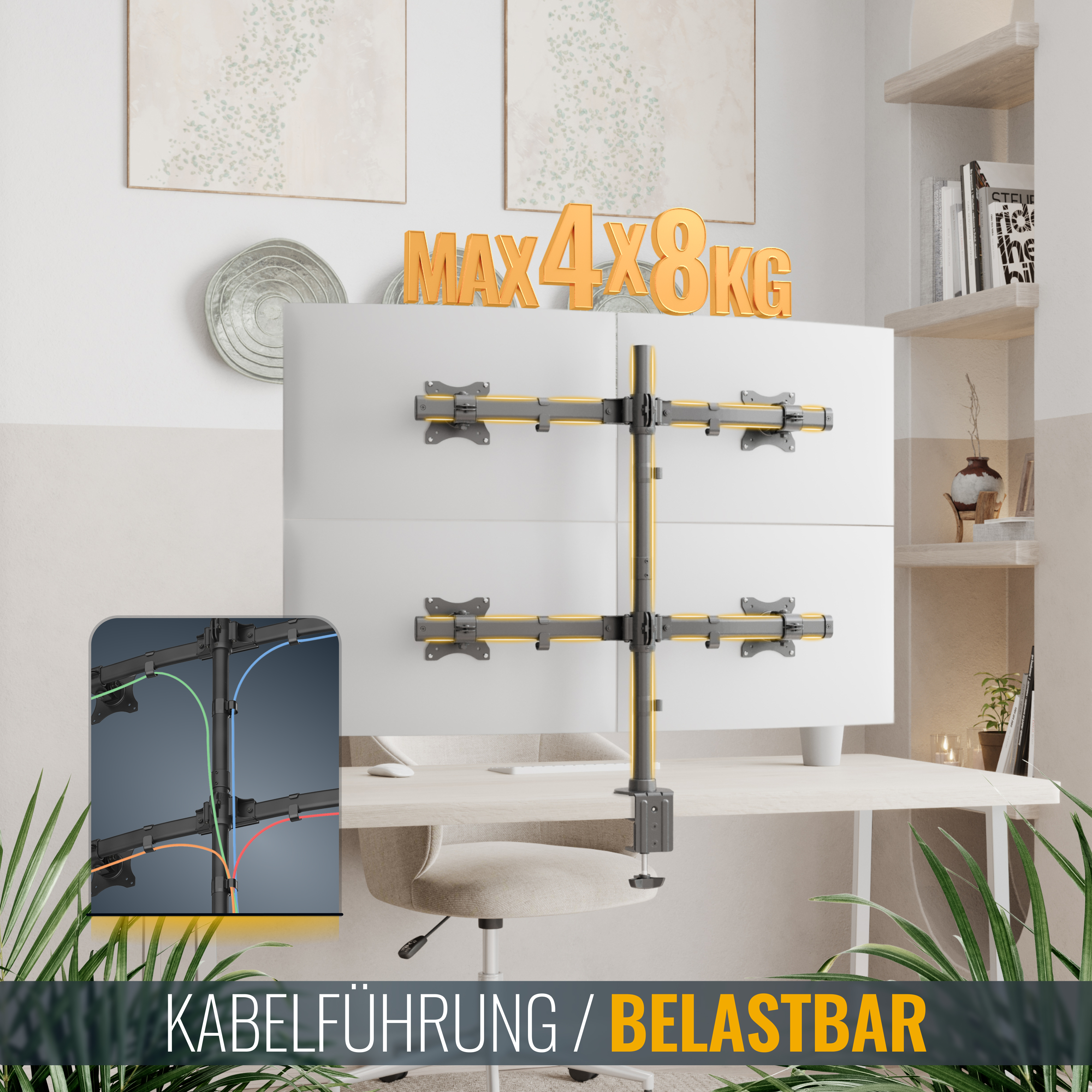 Quad-Monitorhalterung mit Kabelmanagement und einer maximalen Belastung von 4x8kg.