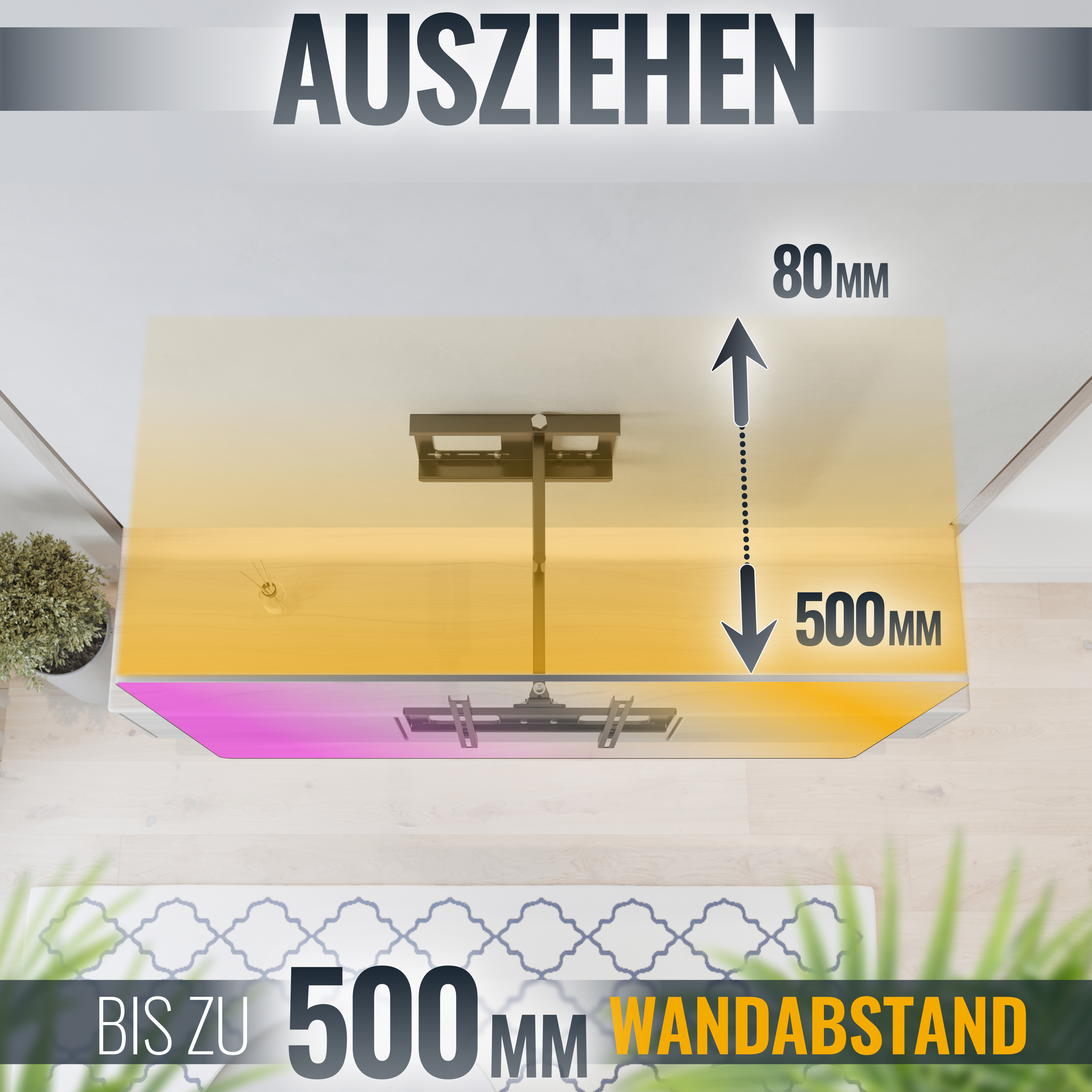 Eine Monitorhalterung, die sich von einer Decke erstreckt, wird mit angezeigten Maßen gezeigt. Eine Pflanze befindet sich in der Ecke.