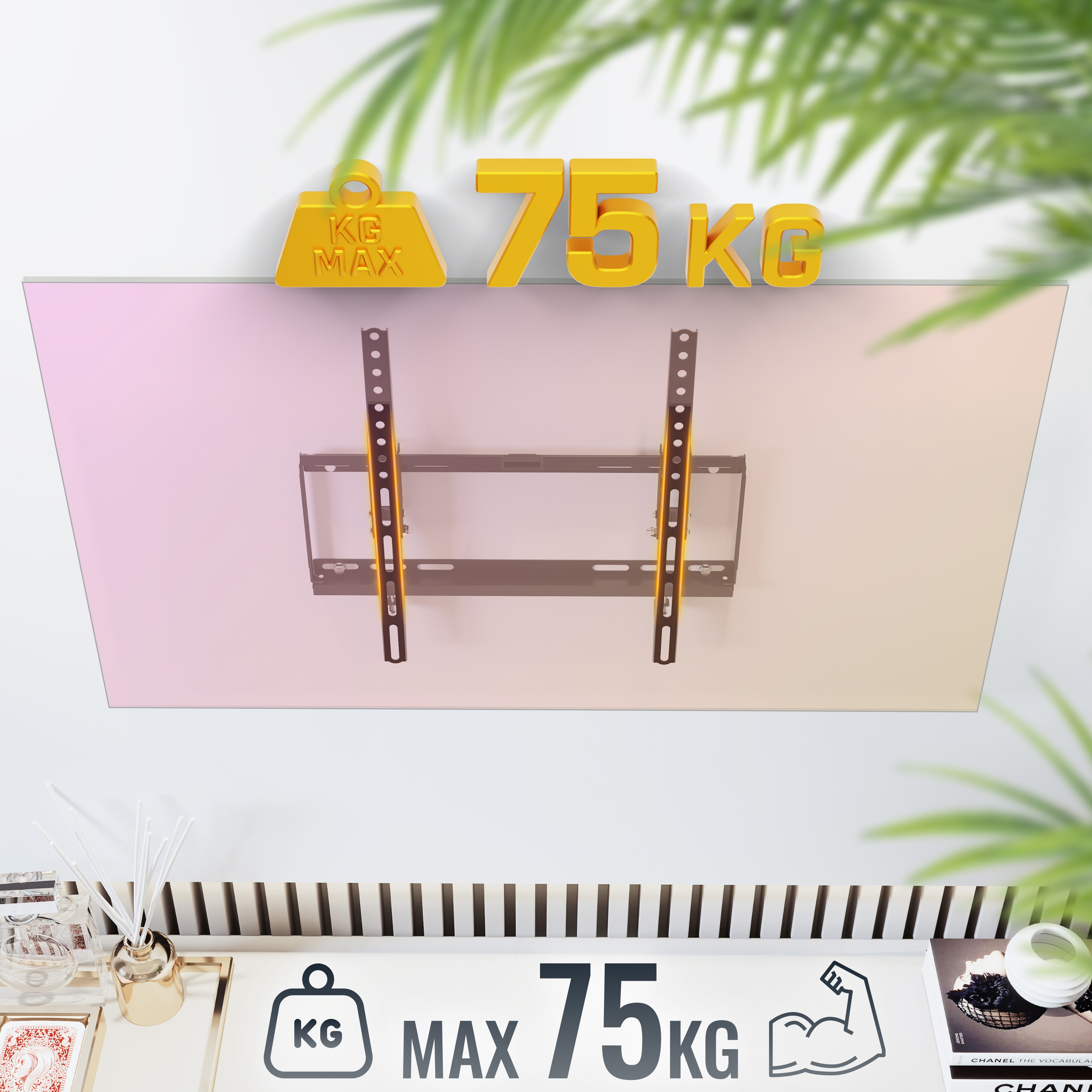 Das Bild zeigt eine TV-Wandhalterung für Bildschirme bis 75 kg, VESA-kompatibel, über einem Konsolentisch montiert.