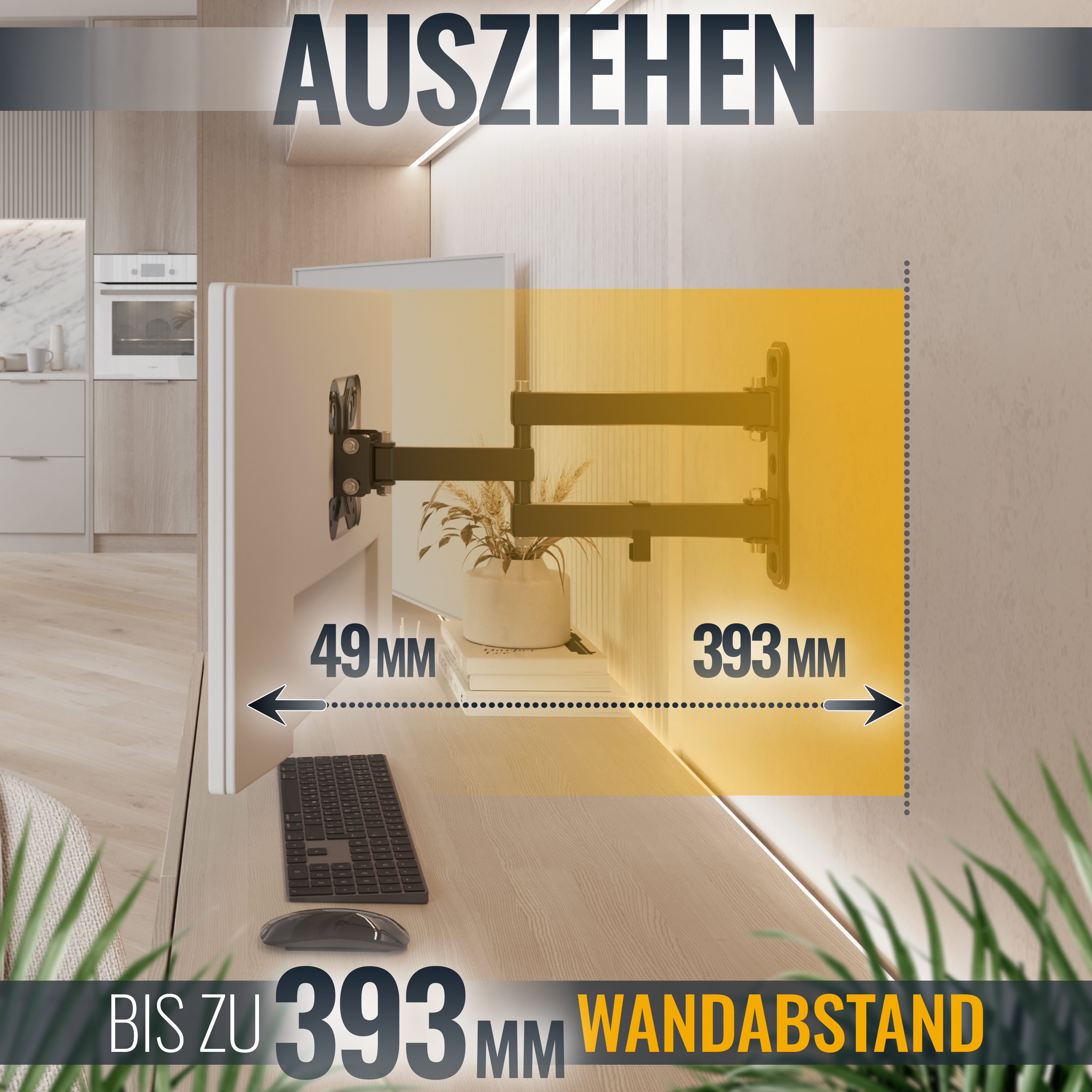 Eine Monitorhalterung wird gezeigt, die sich von einer Wand erstreckt, mit angezeigten Maßen, Tastatur, Maus und Topfpflanze auf dem Schreibtisch.