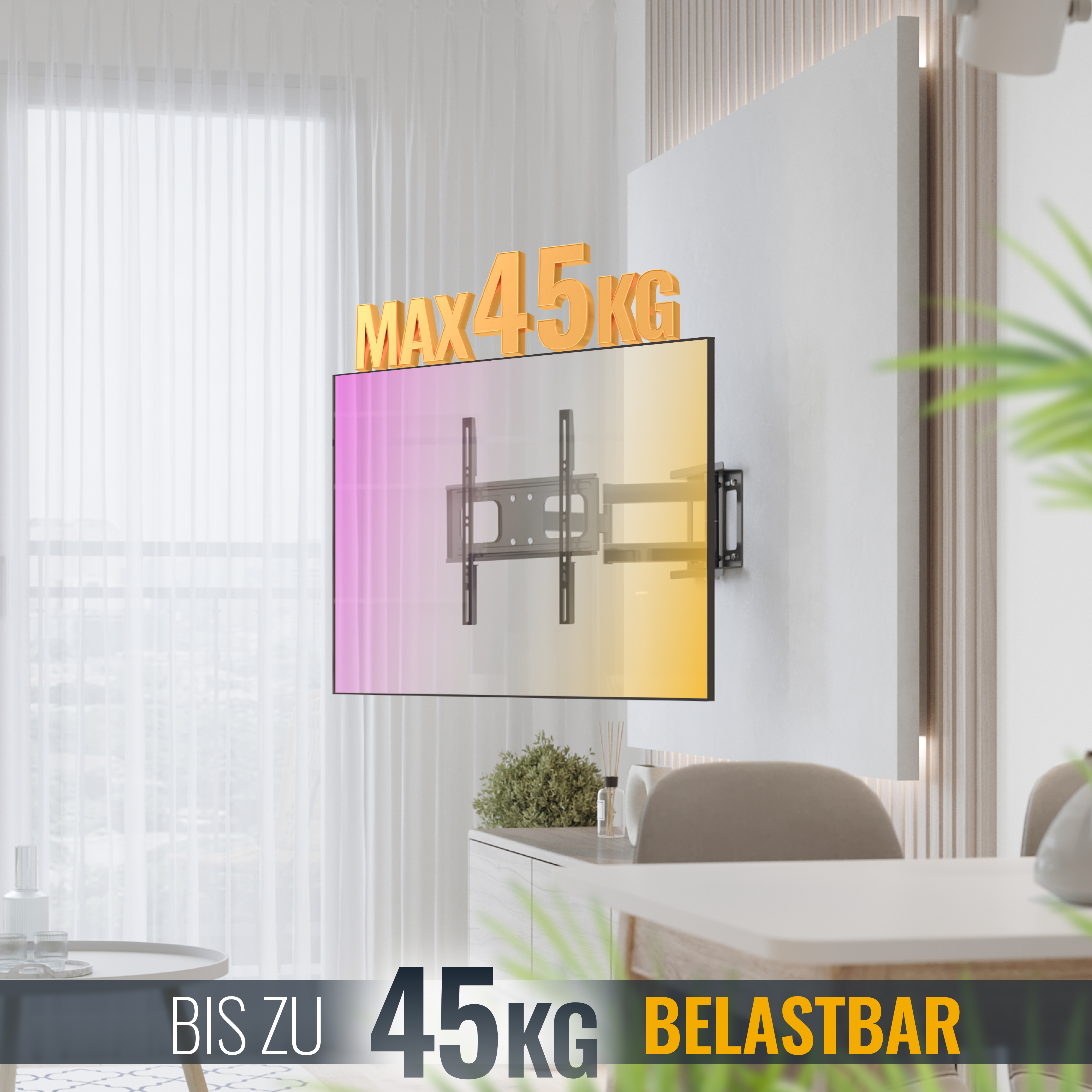 Ein Fernseher, der an einer Wand mit einer maximalen Tragfähigkeit von 45 kg in einem modernen Wohnzimmer montiert ist.