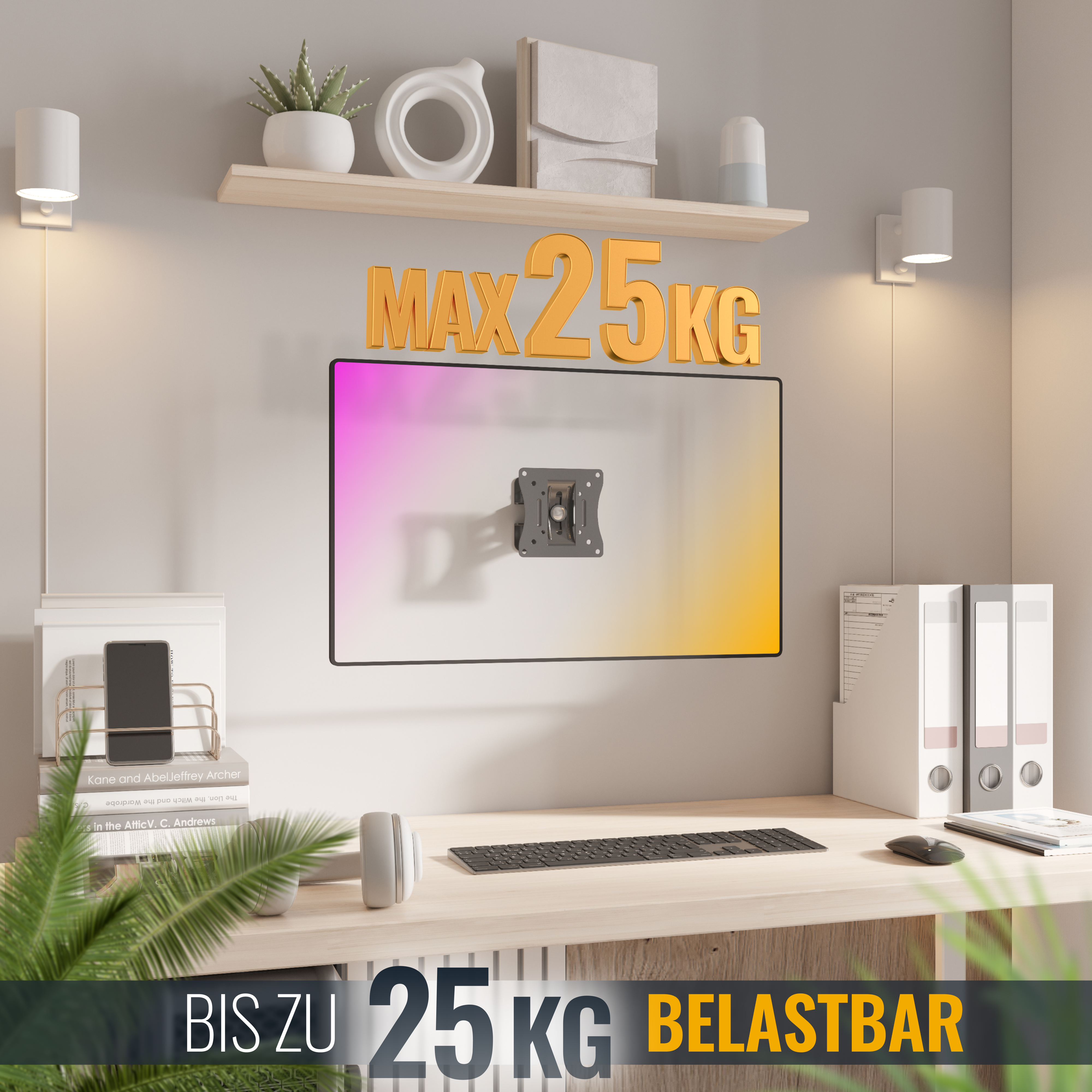 Ein moderner Schreibtisch mit einem an der Wand montierten Fernseher darüber, Pflanzen und Schreibtischzubehör.