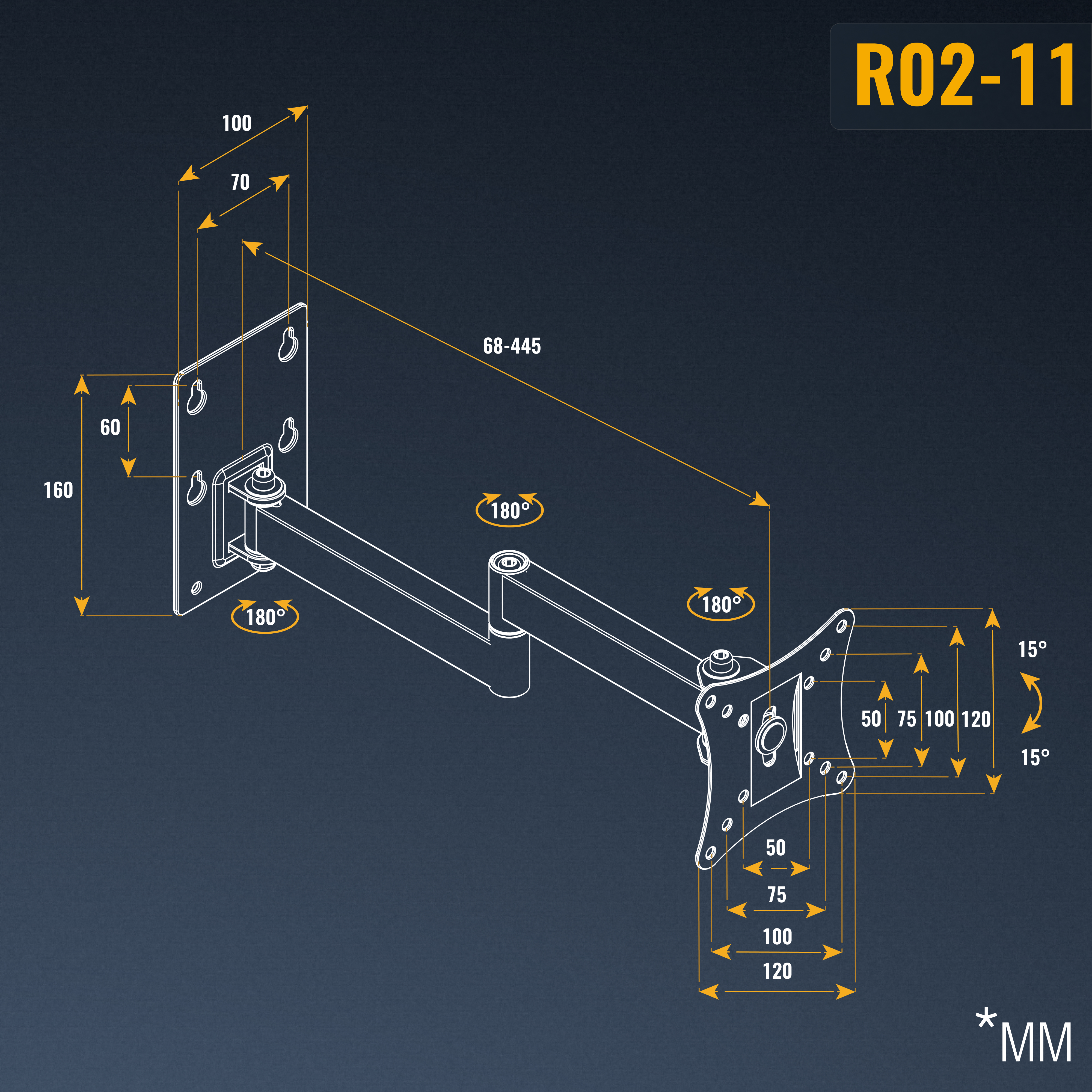 Ein Diagramm, das die Abmessungen und einstellbaren Winkel einer TV-Wandhalterung zeigt, beschriftet mit R02-11.