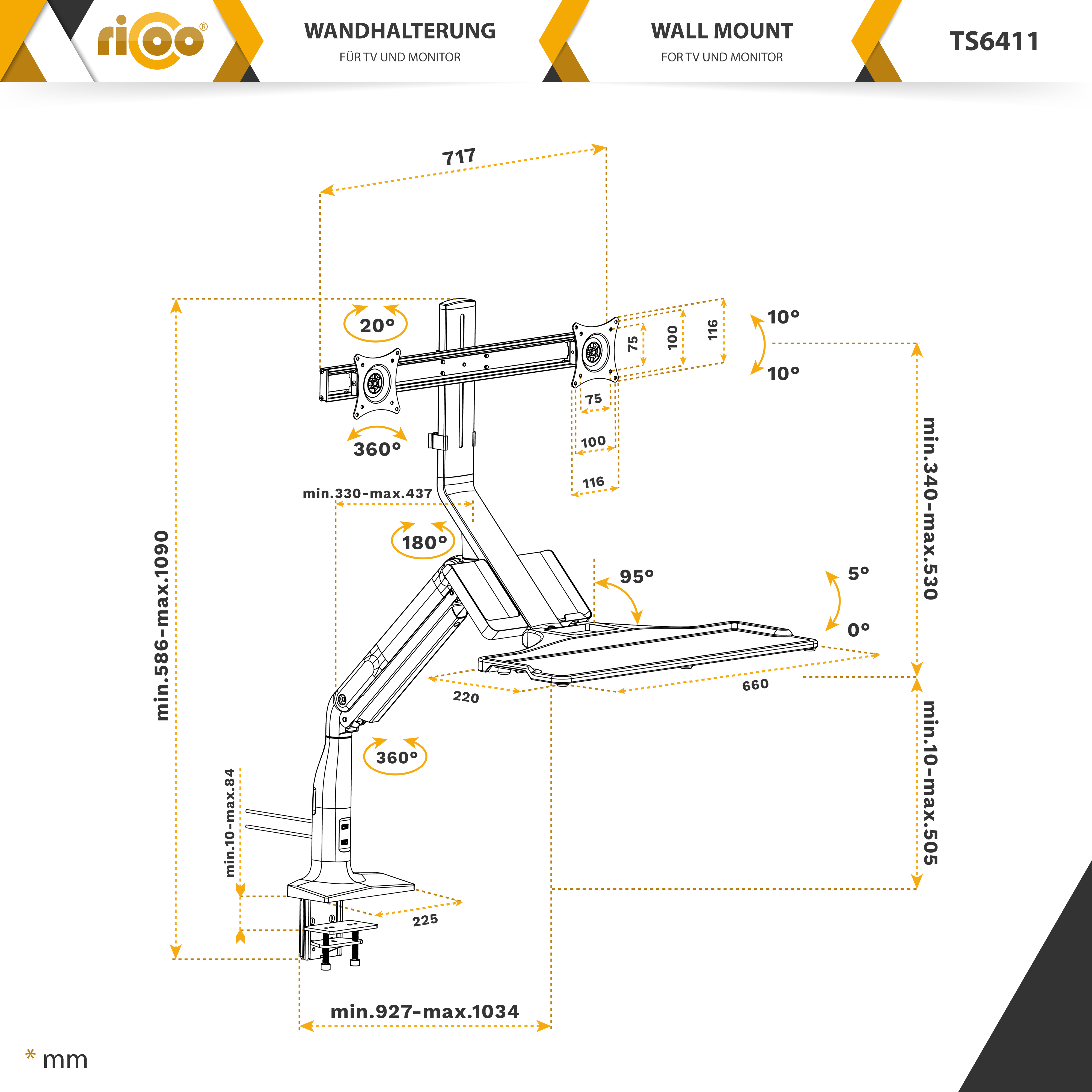 Diagramm eines TV- und Monitorständers mit Maßen und Winkeln, für TV und Monitor.
