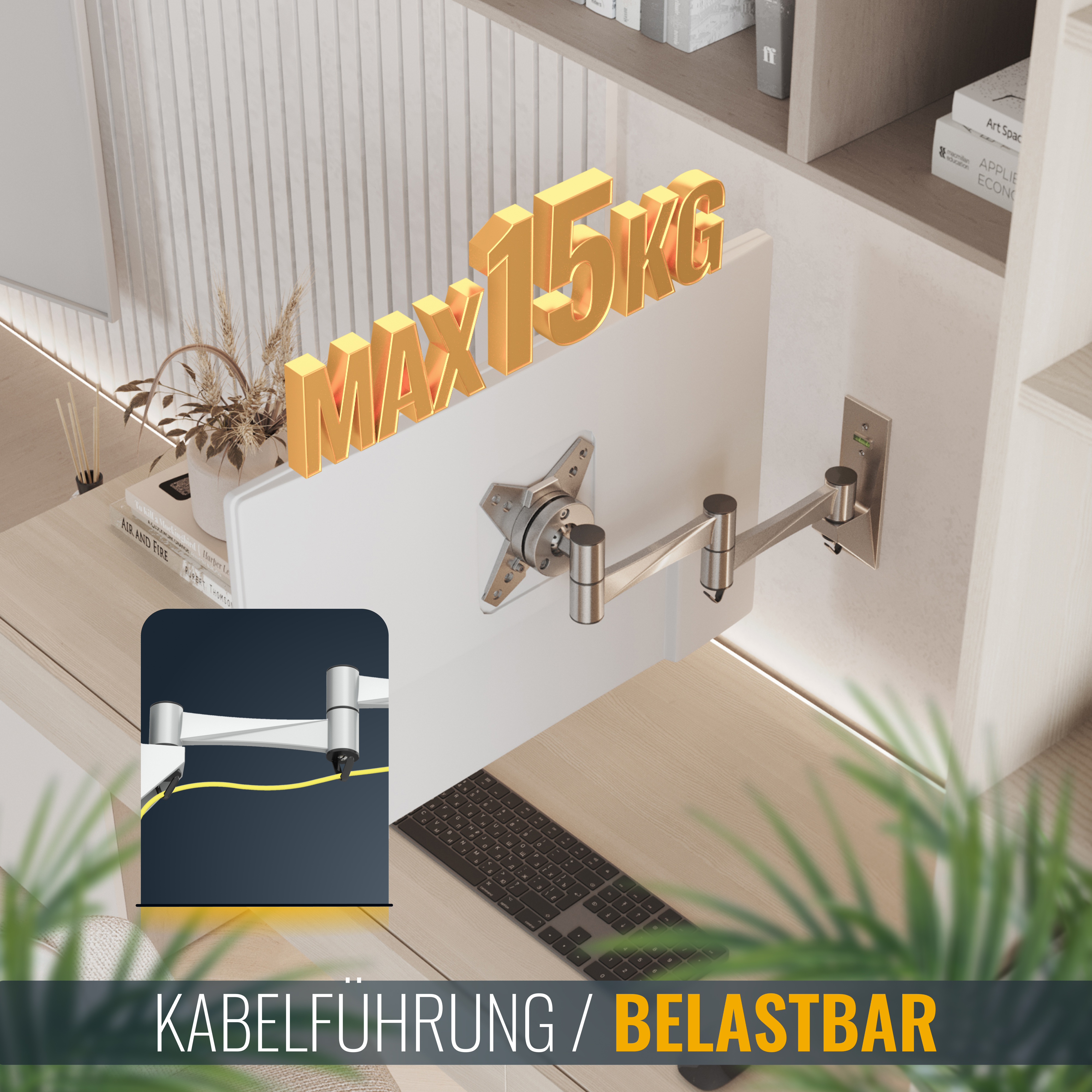 Ein Monitor an einer schwarzen Gelenkarmhalterung ist in einem modernen Schlafzimmer zu sehen.