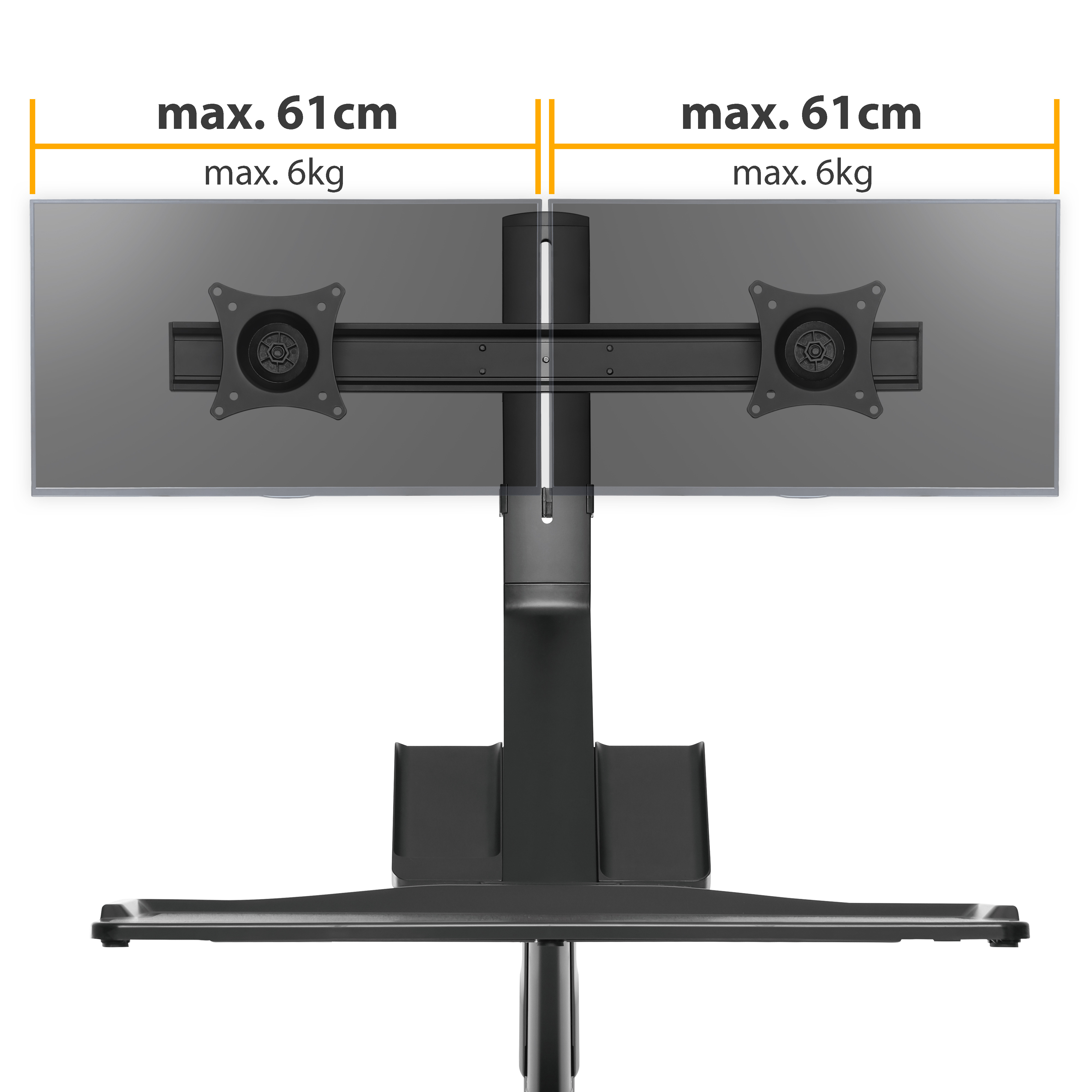 Das Bild zeigt ein Dual-Monitor-Setup auf einem Ständer mit schwarzem Sockel und grauen Monitoren.