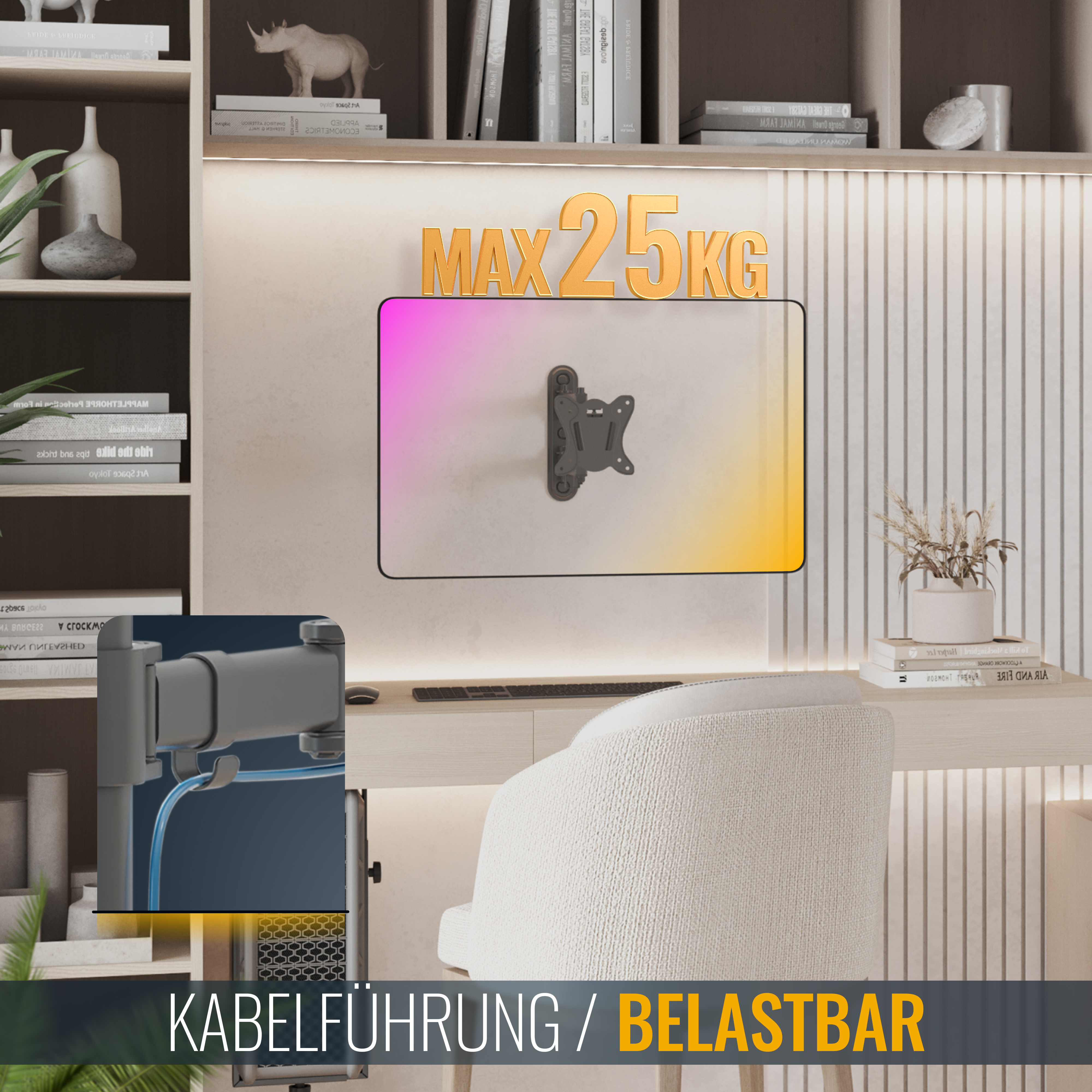 Wand-TV, mit Kabelführung und einem maximalen Gewicht von 25 kg. Das Wort Belastbar steht darunter.