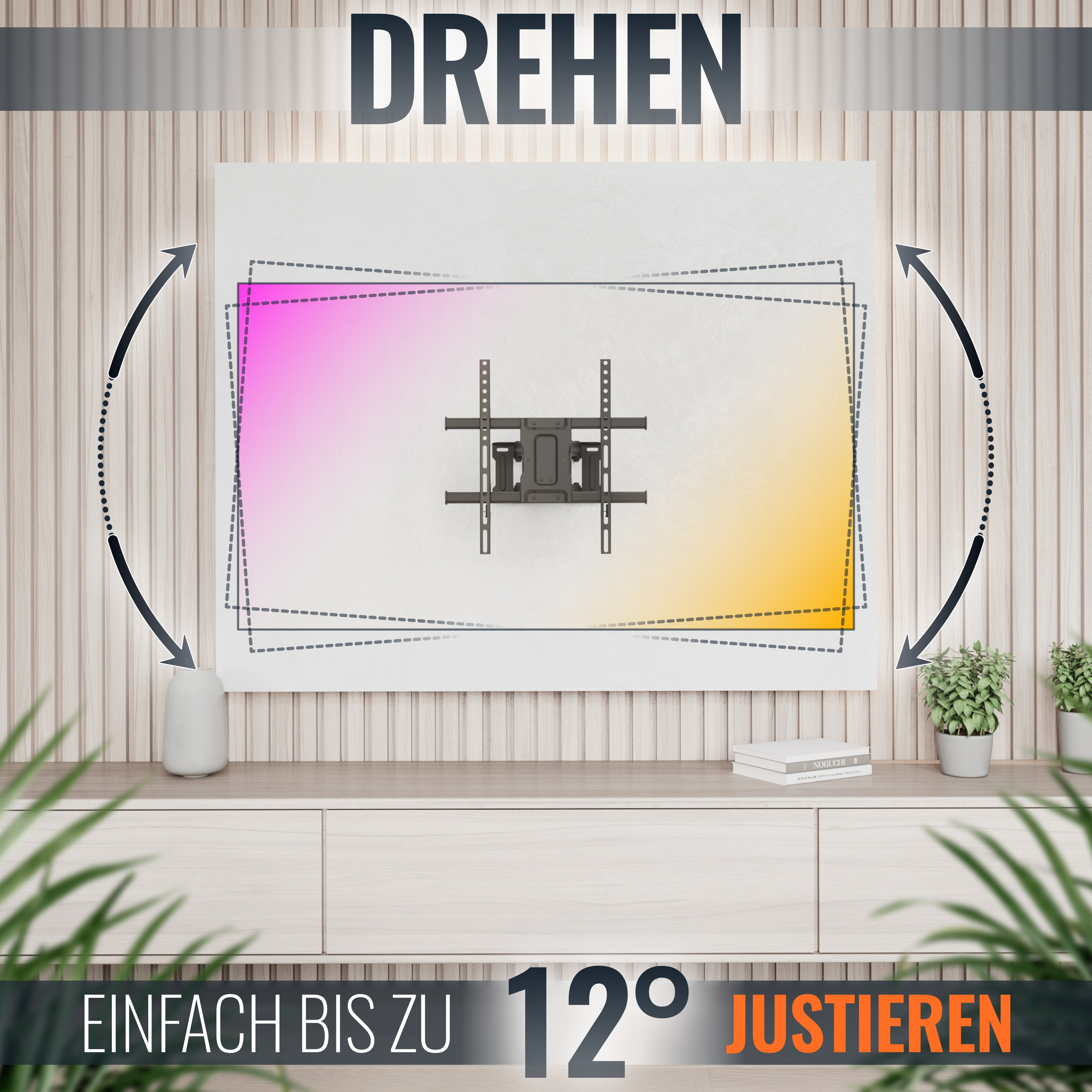 Eine TV-Halterung ist abgebildet, mit Text, der darauf hinweist, dass sie bis zu 12 Grad verstellt werden kann.