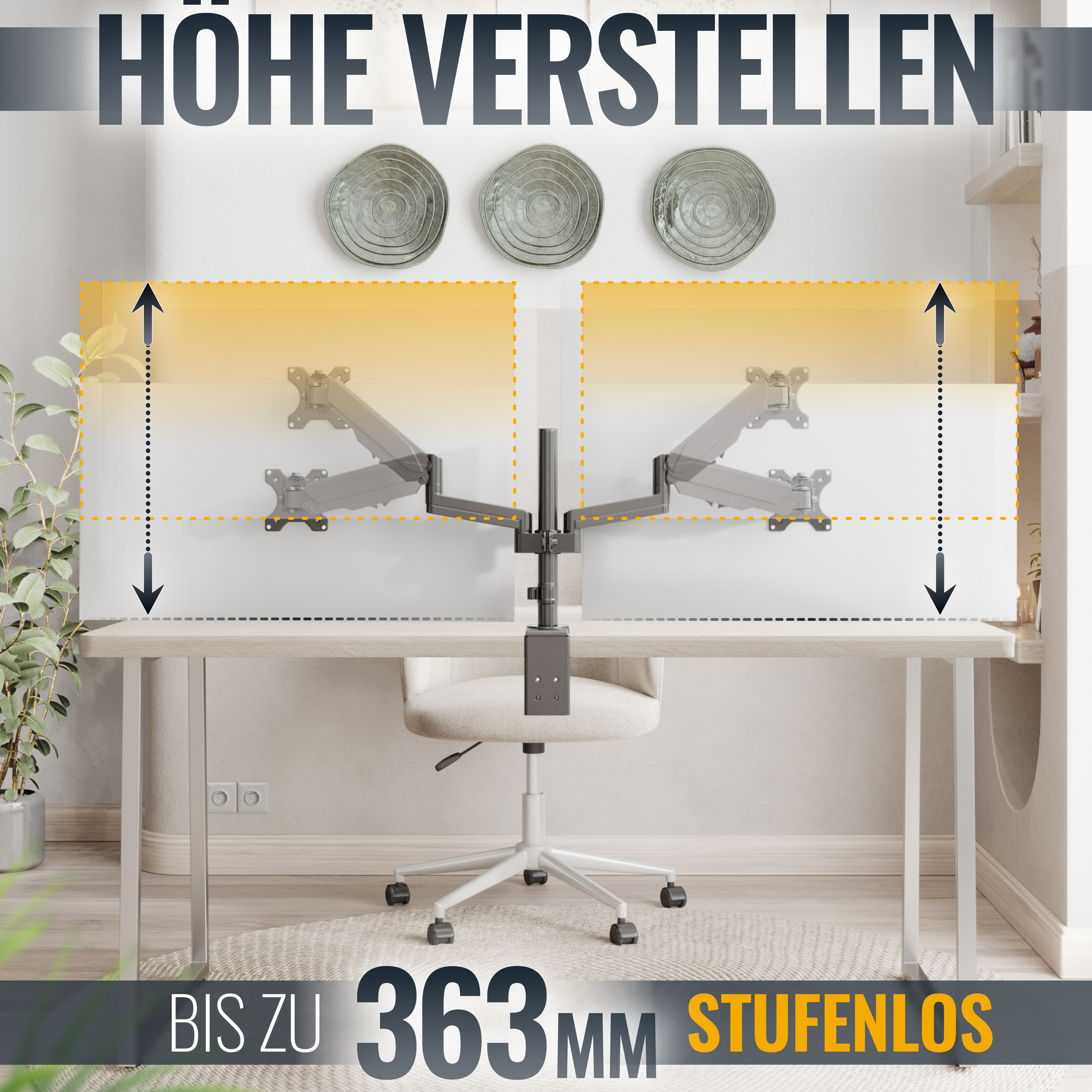Ein Schreibtisch mit Monitorständer. Pfeile zeigen die Höhenverstellung. Text: H

OHE VERSTELLEN.