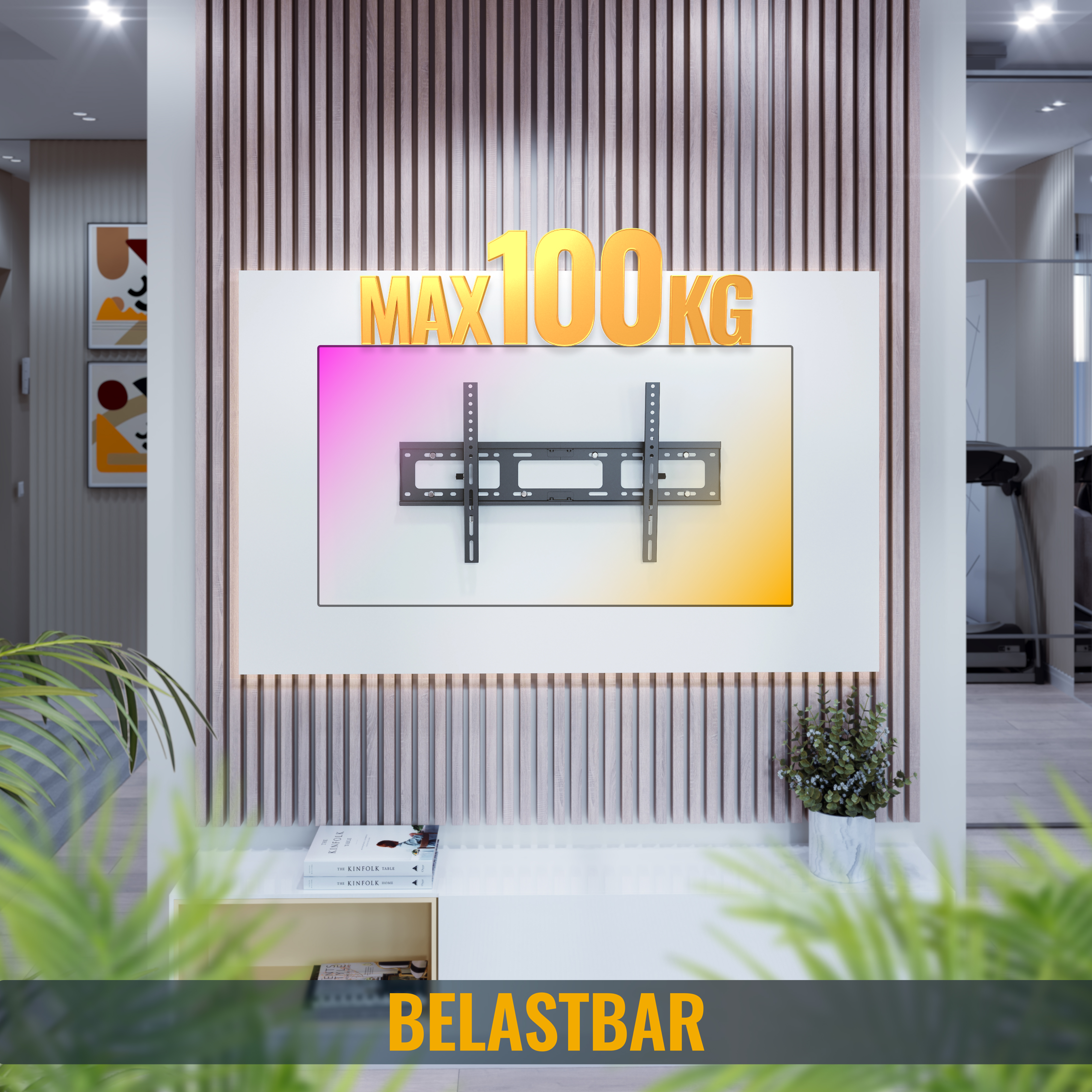 Das Bild zeigt eine TV-Halterung in einem Raum, mit Text, der eine maximale Belastung von 100 kg angibt.