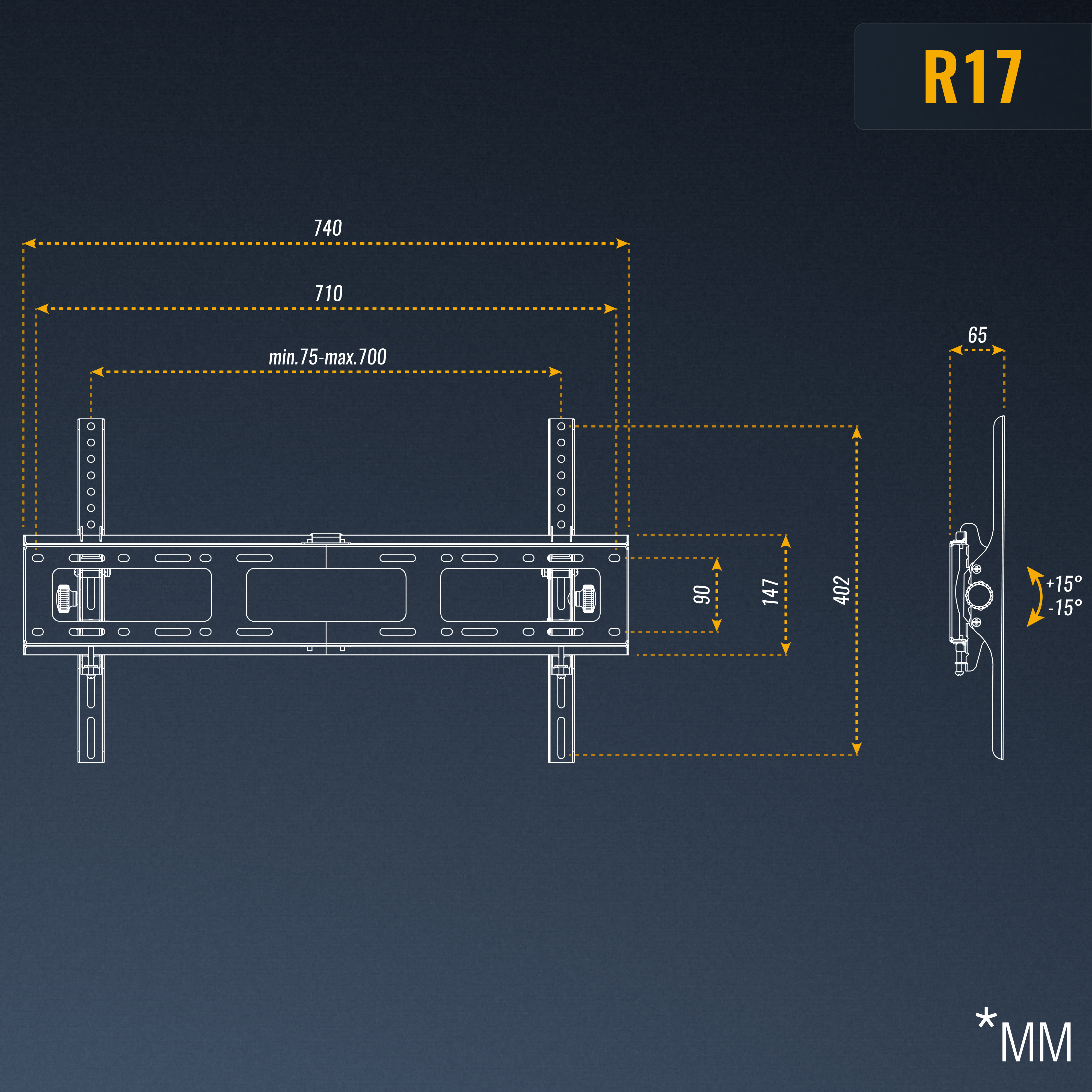 Ein Diagramm, das die Abmessungen und den Neigungswinkel einer TV-Wandhalterung zeigt, beschriftet mit R17.