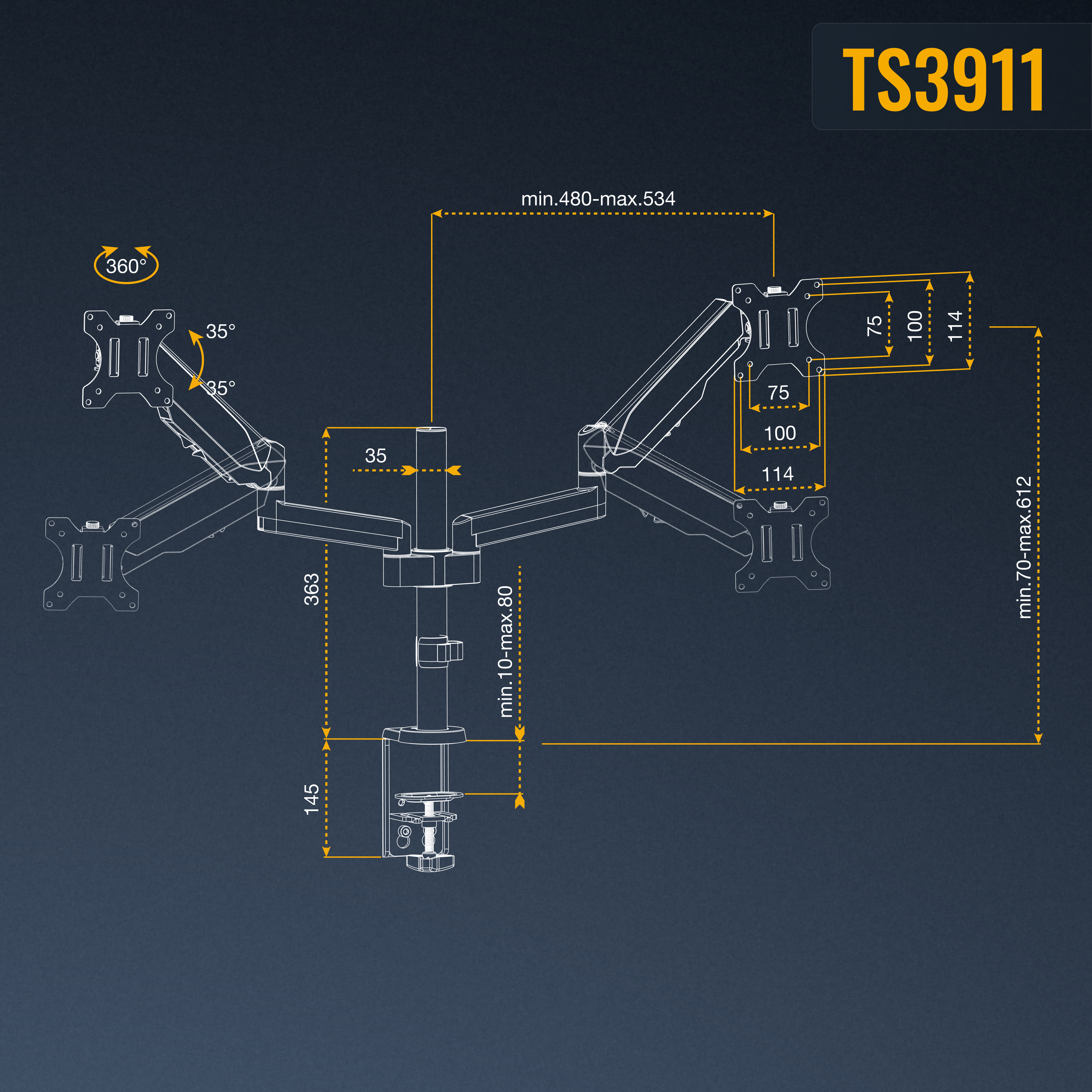 Diagramm eines Dreifach-Monitorarms mit Abmessungen, Text TS8911.