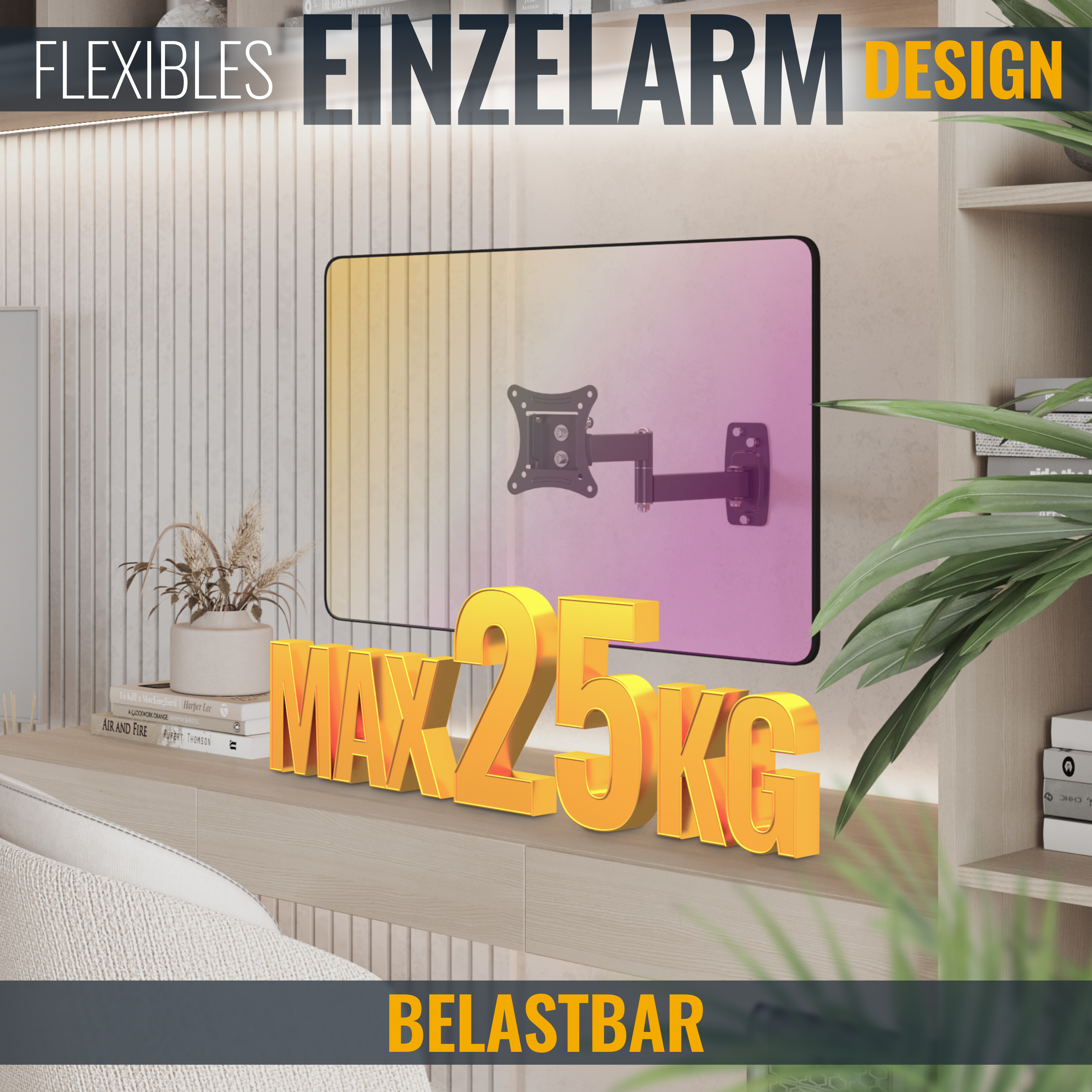Eine TV-Wandhalterung wird mit einem Text-Overlay angezeigt, das eine maximale Belastung von 25 kg angibt.