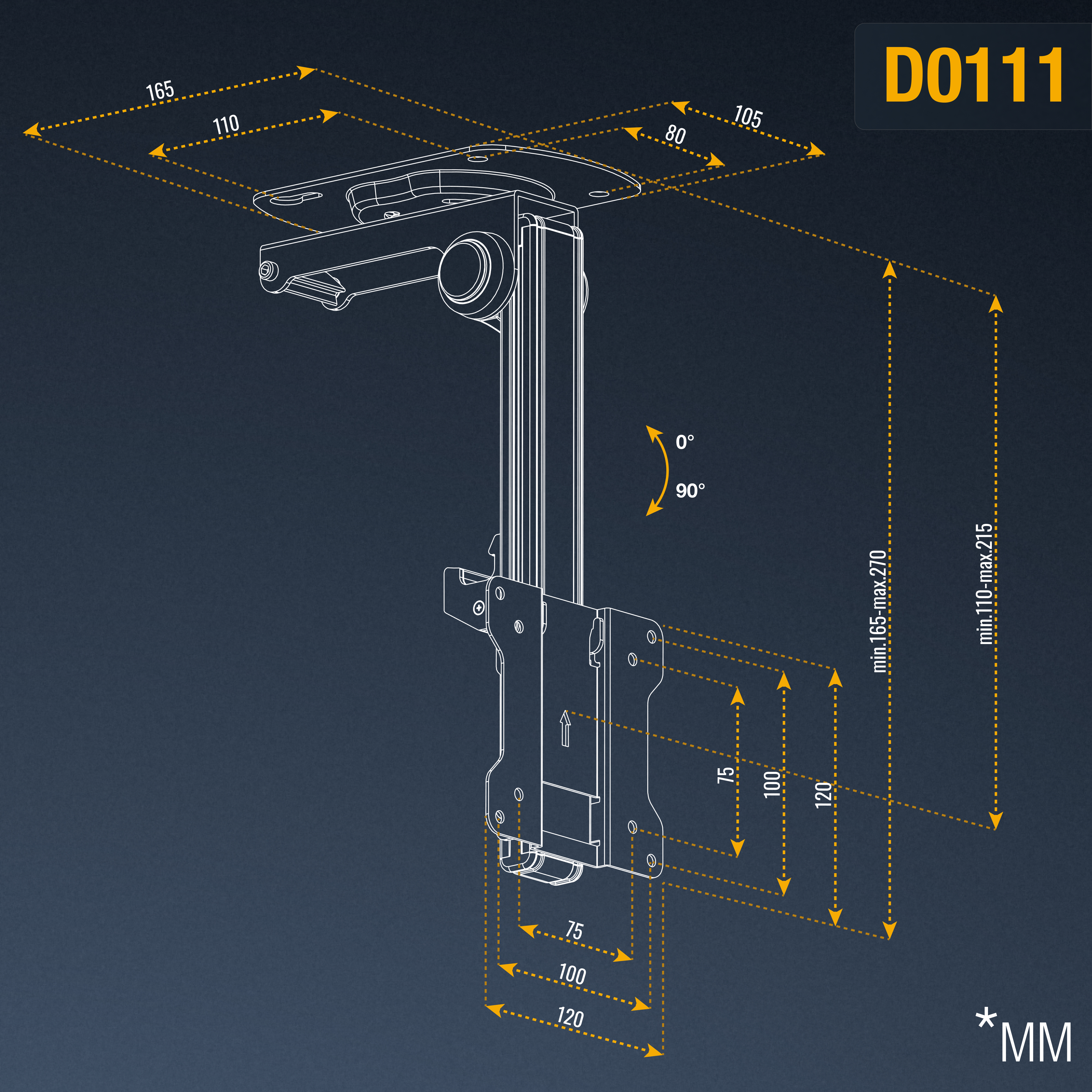 Ein Diagramm, das die Abmessungen und einstellbaren Winkel einer Decken-TV-Halterung zeigt, beschriftet mit D0111.