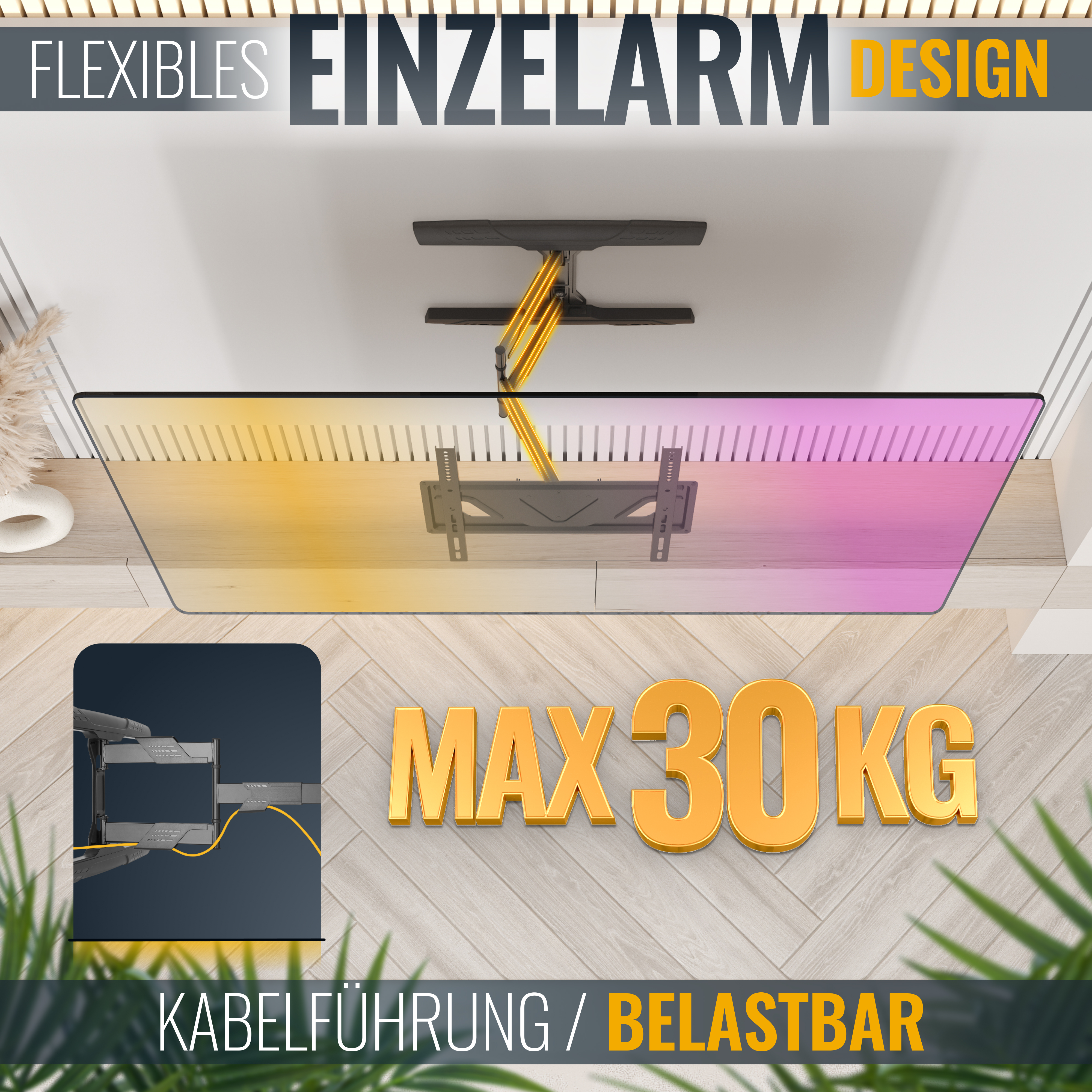 Ein Monitor ist mit einem Arm von der Decke abgehängt. Der Arm ist goldfarben. Die Worte MAX 30KG sind sichtbar.