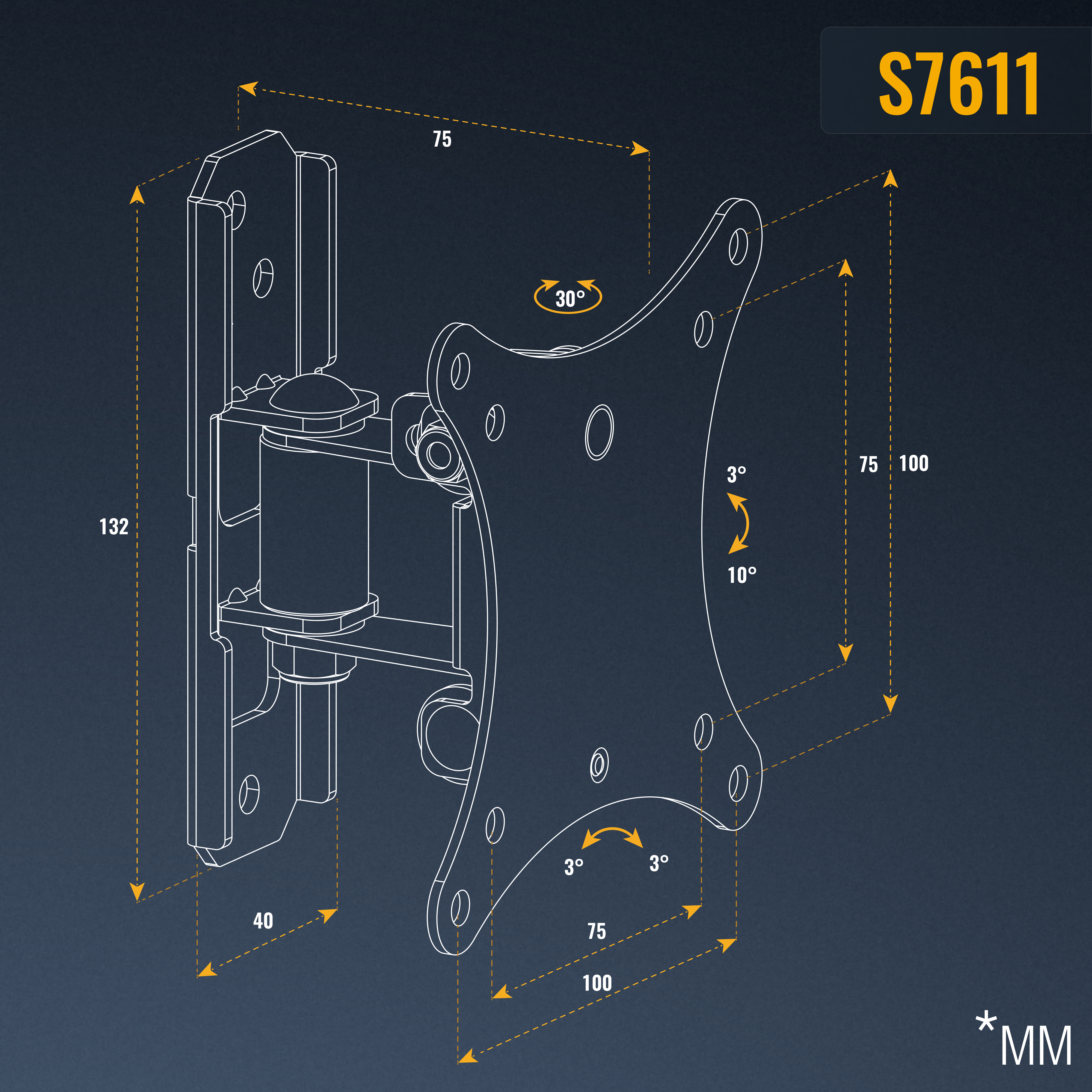 Diagramm einer schwarzen S7611 TV-Wandhalterung mit Abmessungen und Winkeln auf blauem Hintergrund.