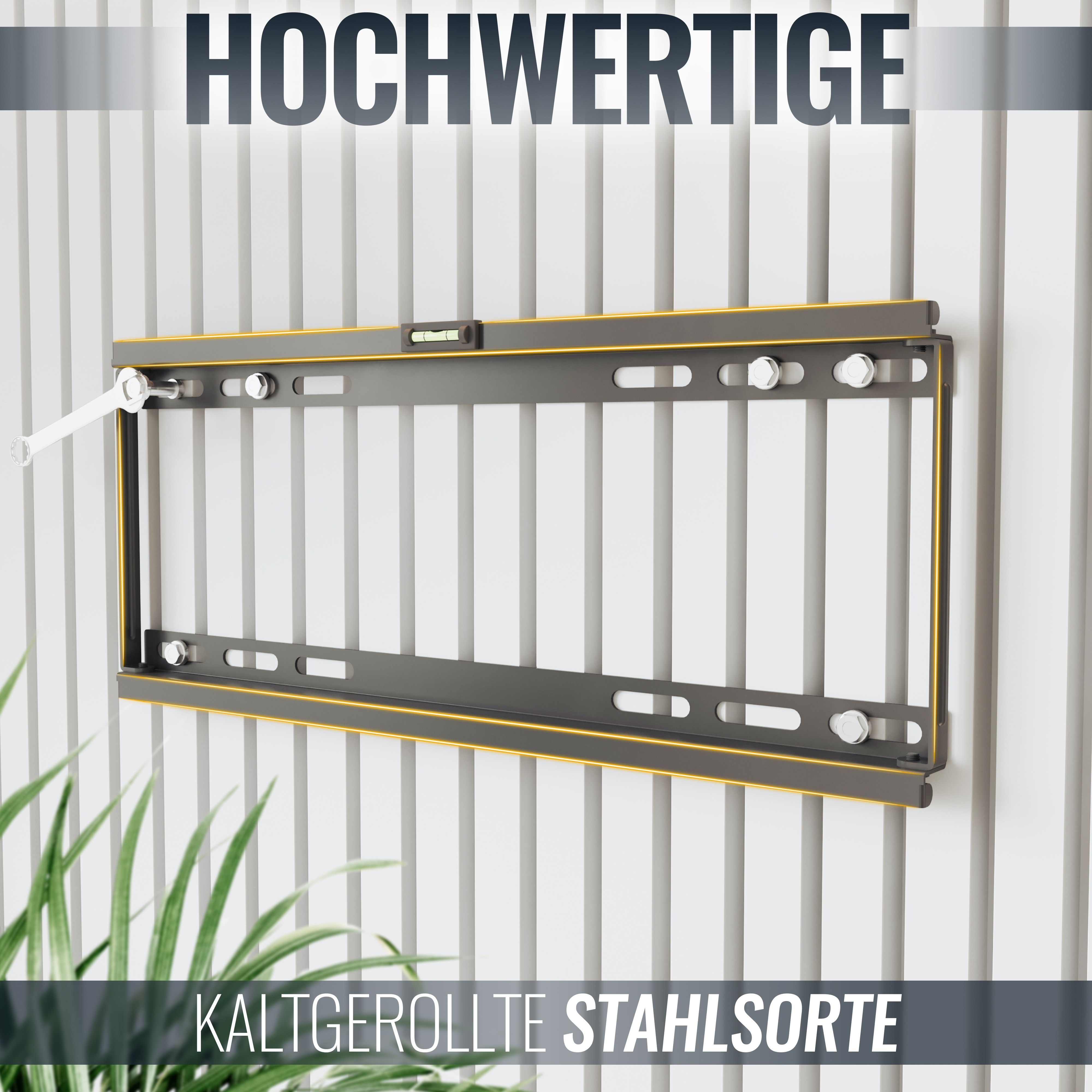 TV-Halterung mit Wasserwaage und den Wörtern HOCHWERTIGE und STAHLSORTE.