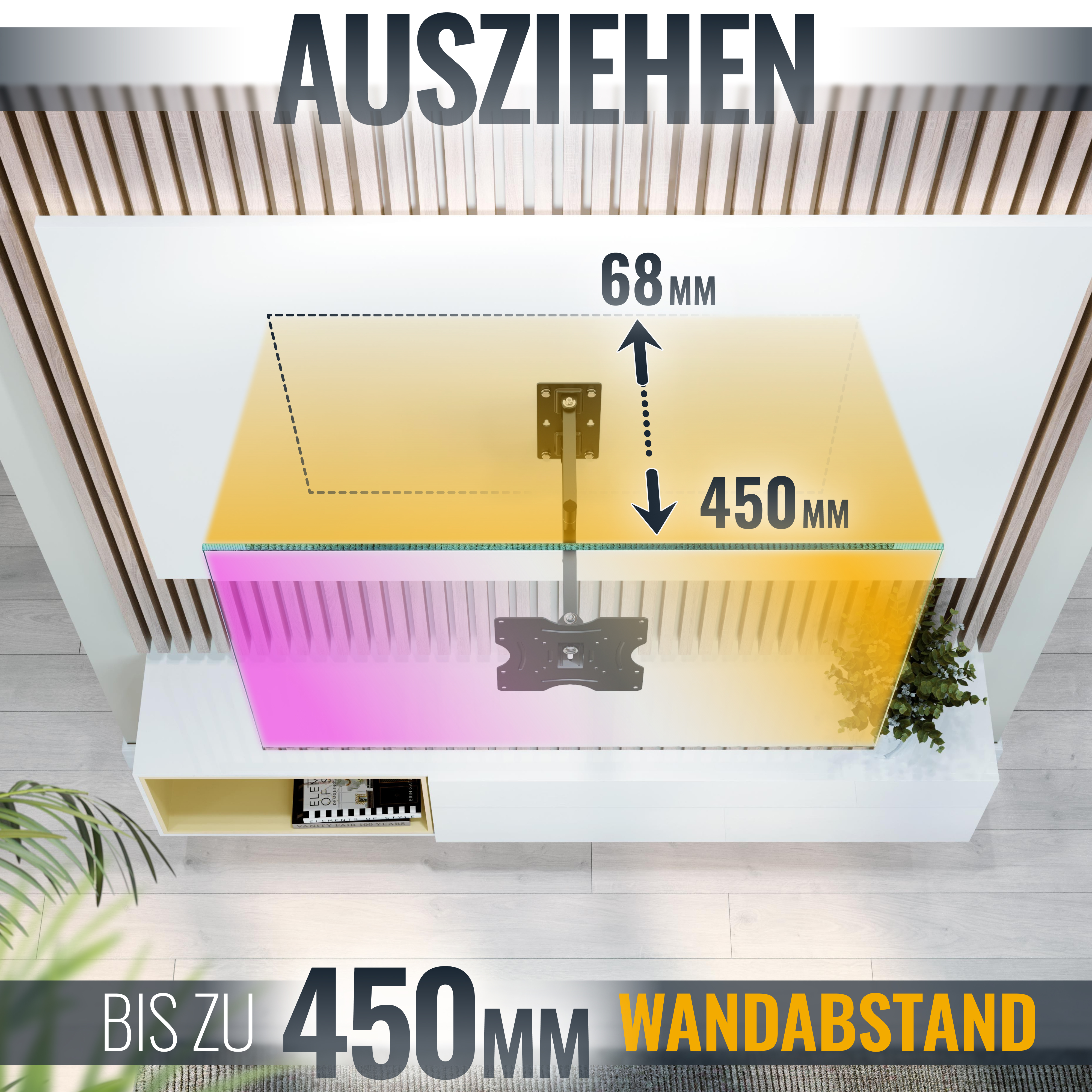 Das Bild zeigt eine TV-Halterung, die in einer stilisierten Raumsituation 450 mm von der Wand absteht.