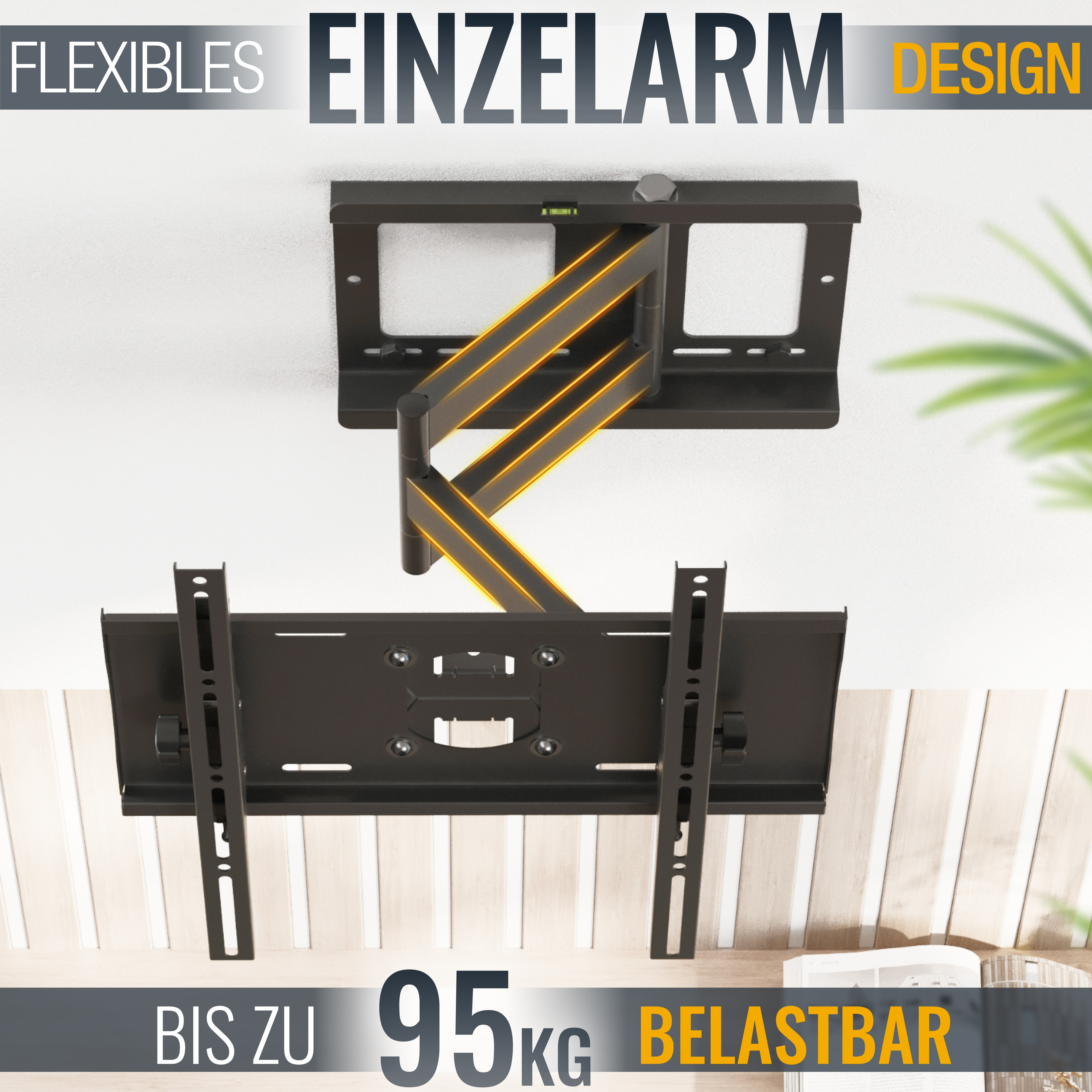Die technische Zeichnung S2122 zeigt Details zu Abmessungen und Winkeln für eine TV-Wandhalterung auf dunkelblauem Hintergrund.