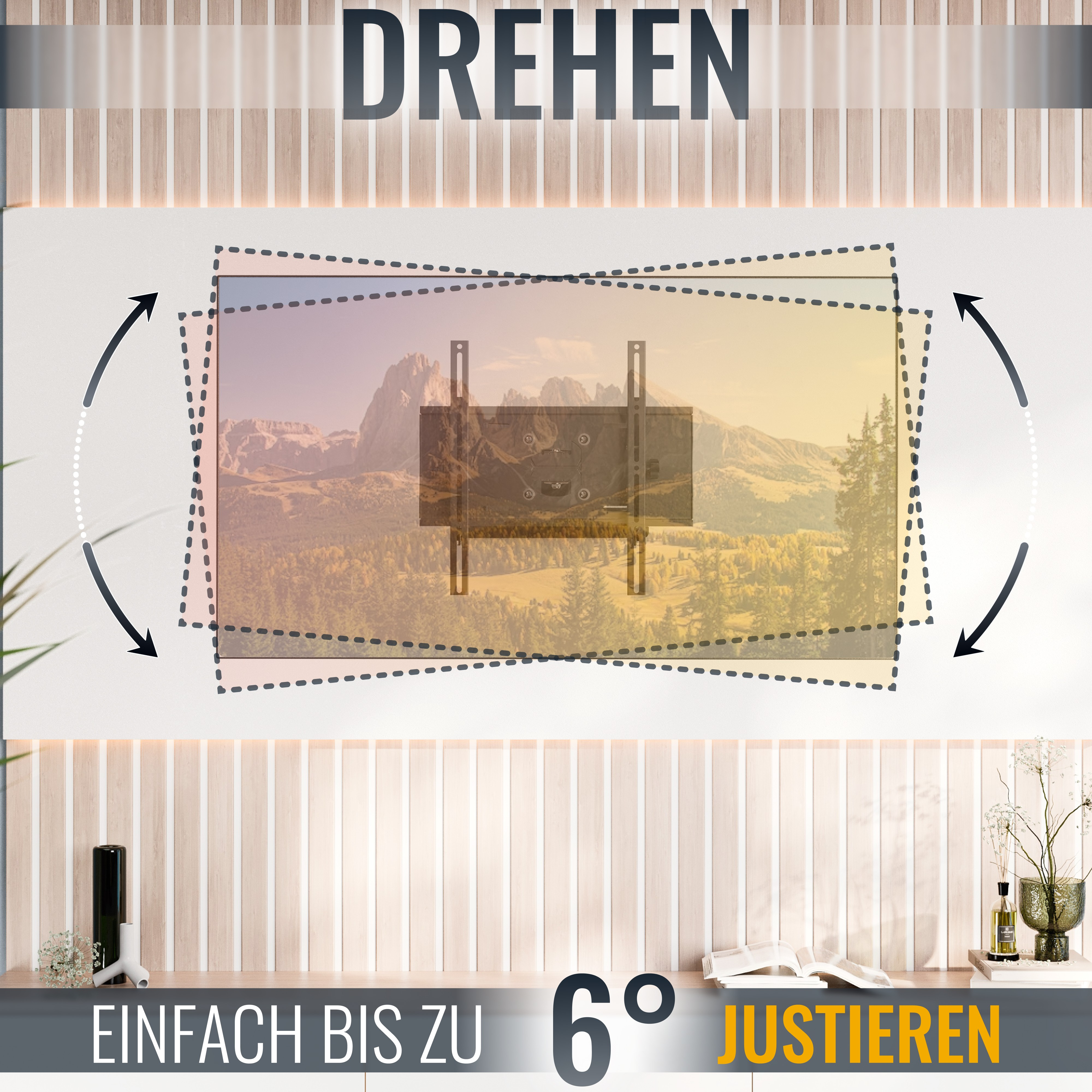 Anzeige eines Monitors, der an einem verstellbaren Arm mit VESA-Kompatibilität befestigt ist, in einem hellen Arbeitsbereich nahe einem Fenster.