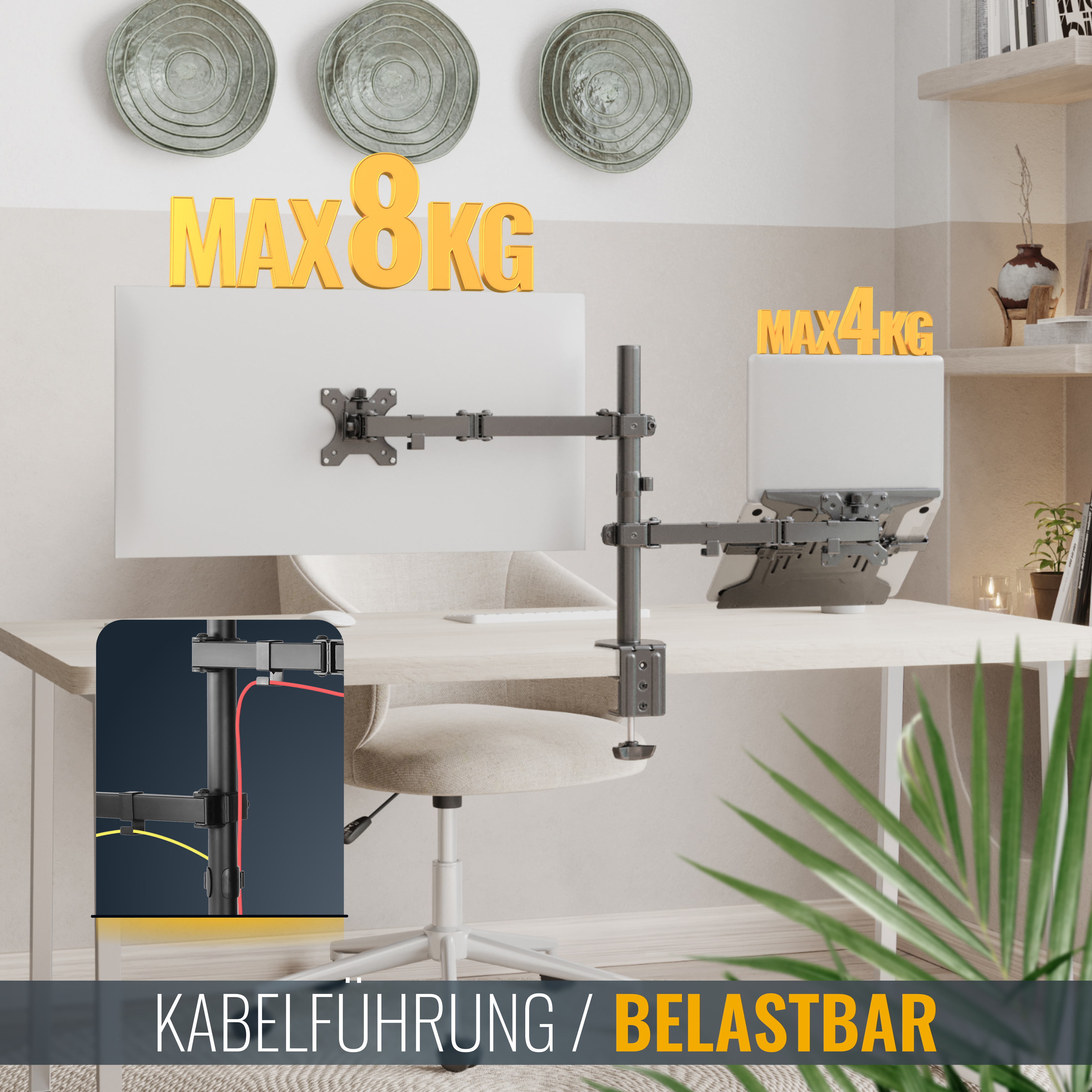 Ein Fernseher ist an einer Wand über einem Schreibtisch montiert und zeigt den Abstand zur Wand und ein ultraflaches Design von 98 mm.