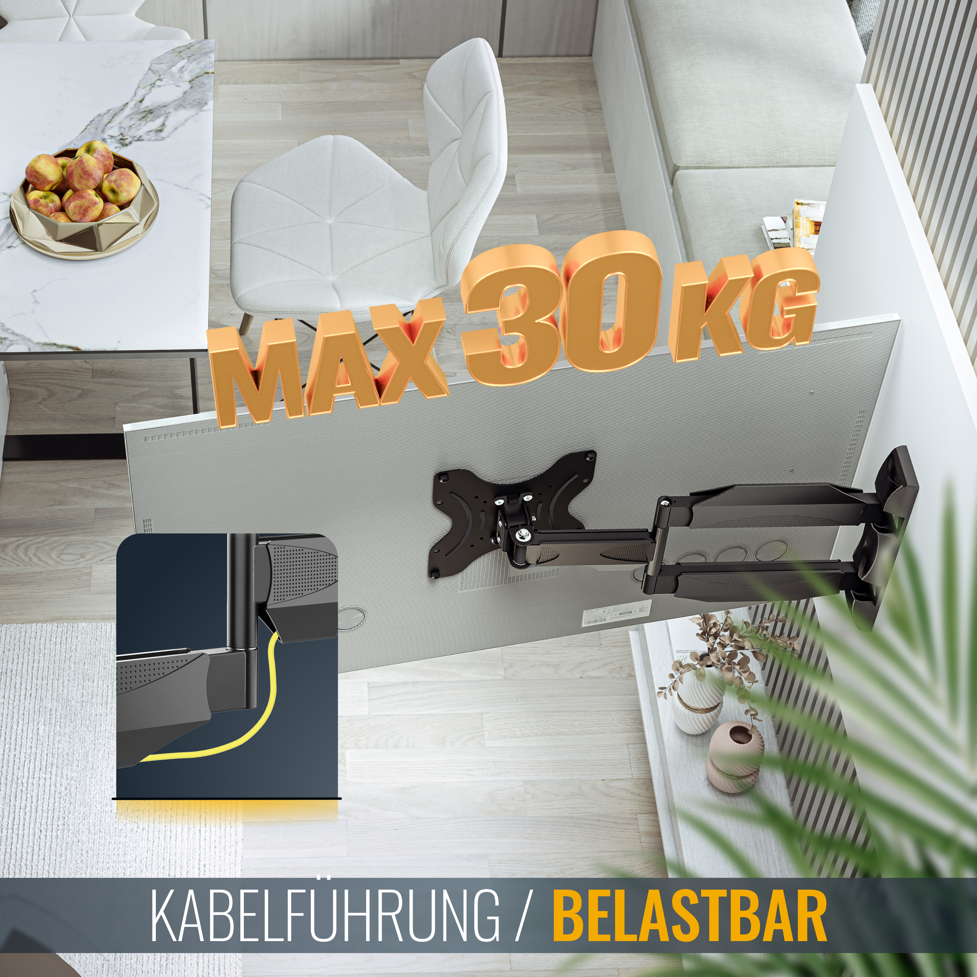 Ein Fernseher an der Wand mit Halterung und Text "MAX 30KG".