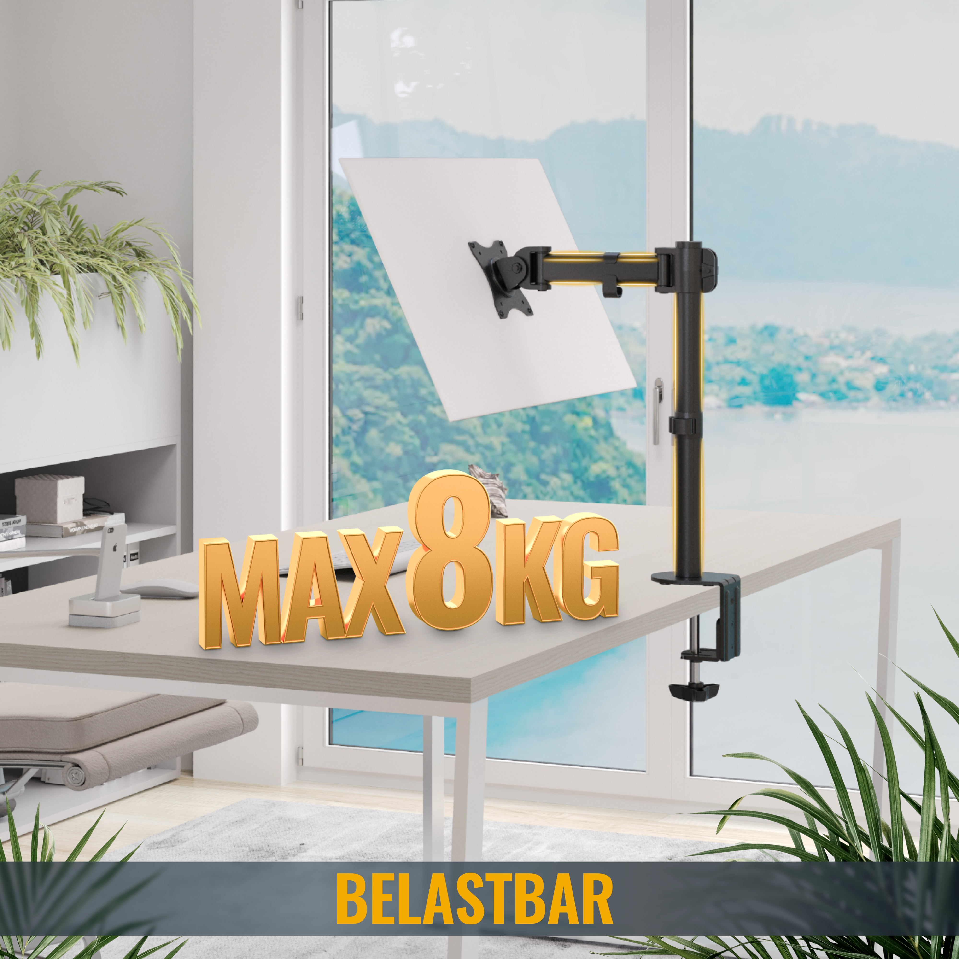 Ein Schreibtisch mit Monitorarm und Text: MAX 8KG und BELASTBAR.