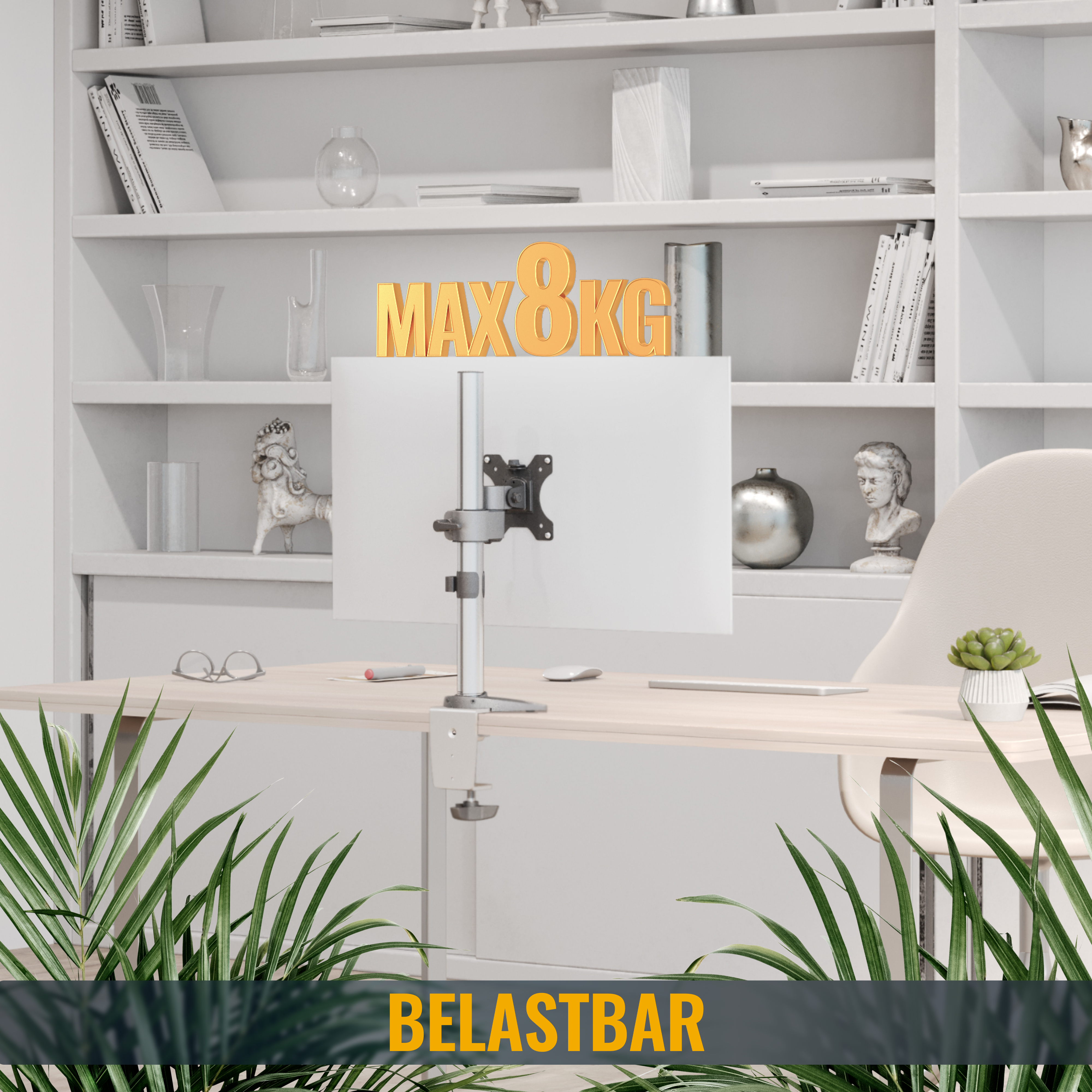 Ein Monitor ist vor einem Bücherregal auf einem Ständer montiert, max. 8 kg Last.