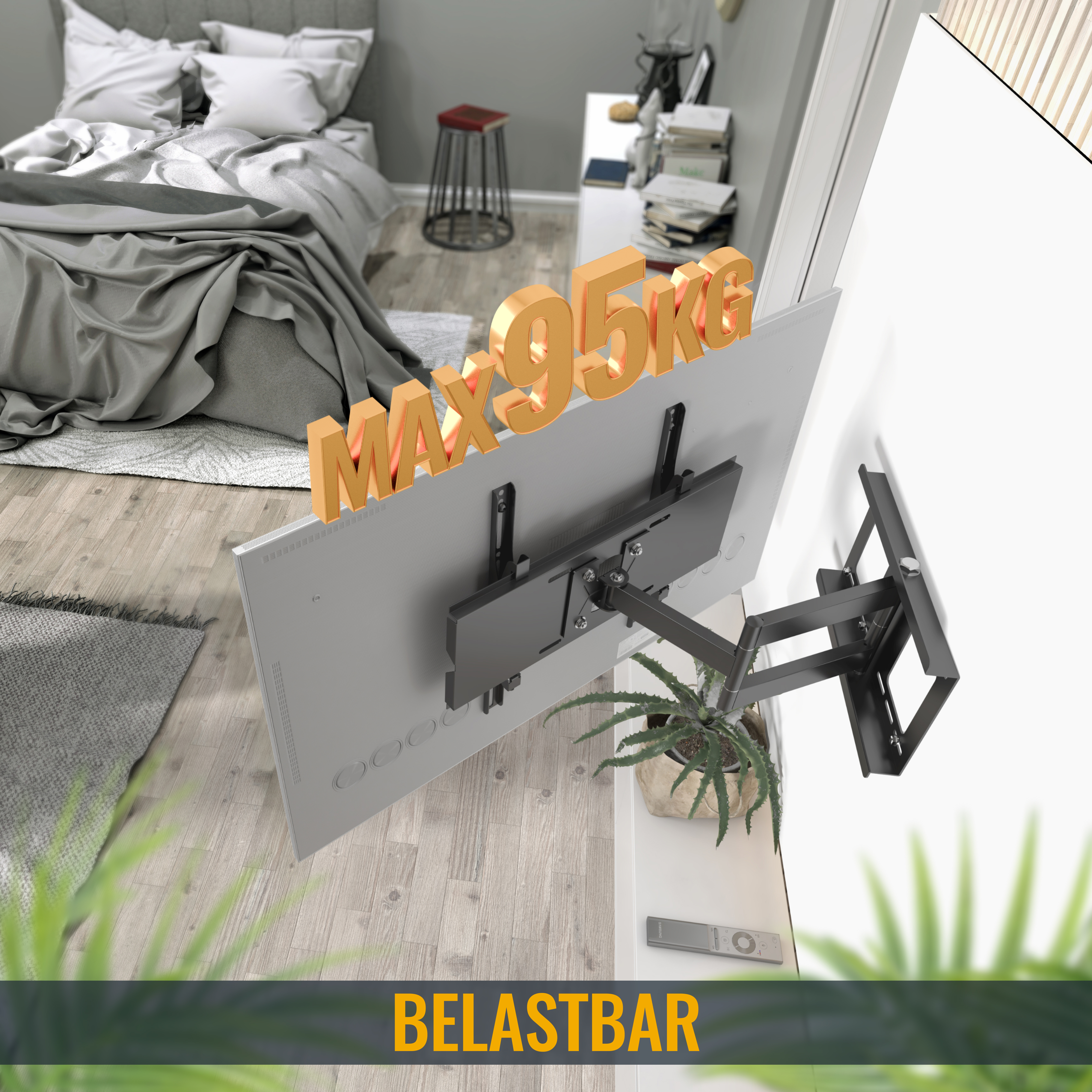 TV an der Wand montiert, mit maximaler Tragfähigkeit von 95 kg, und eine Pflanze auf dem Regal.