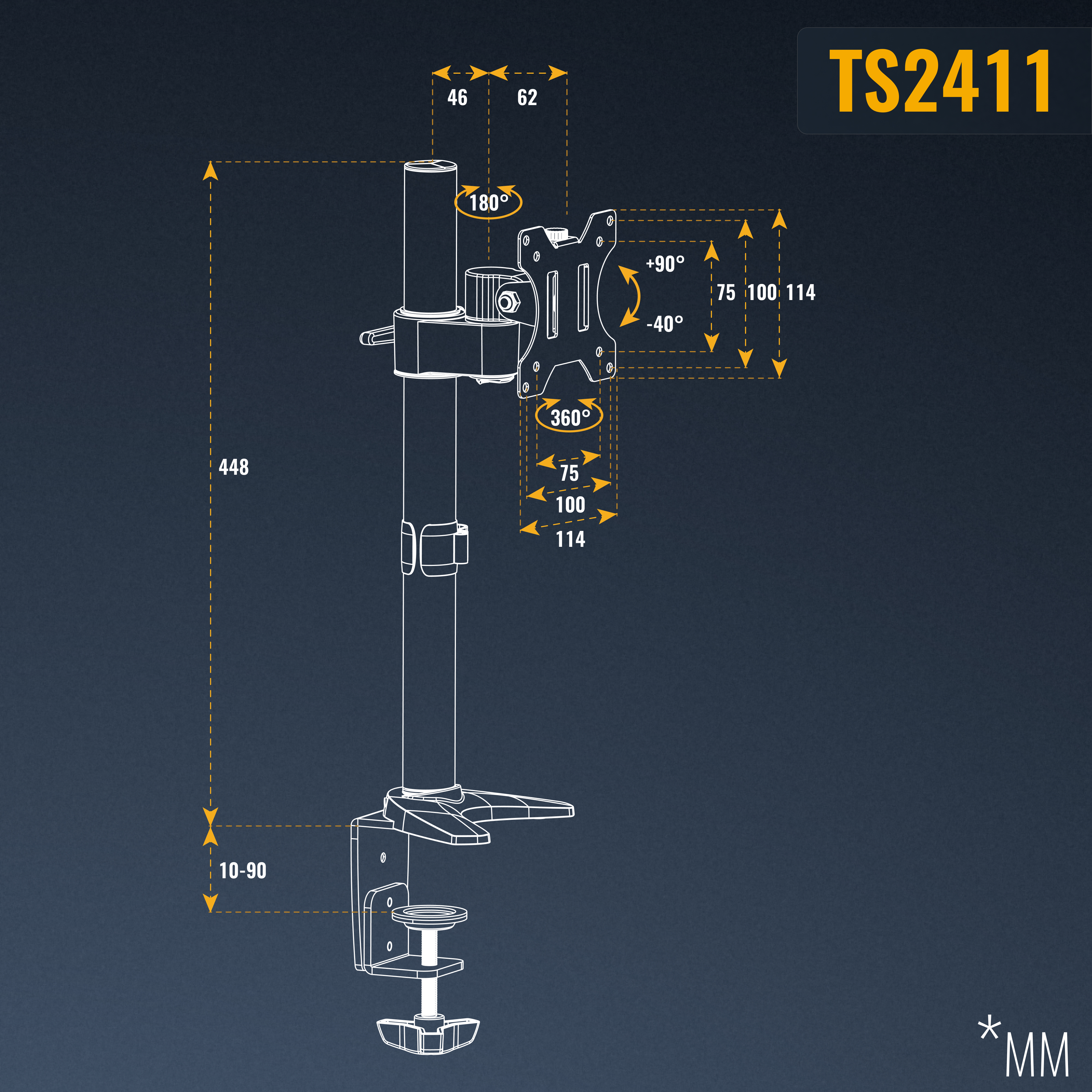 Technische Zeichnung eines Monitorarms, die Abmessungen und Rotationsfähigkeiten vor einem dunkelblauen Hintergrund zeigt.