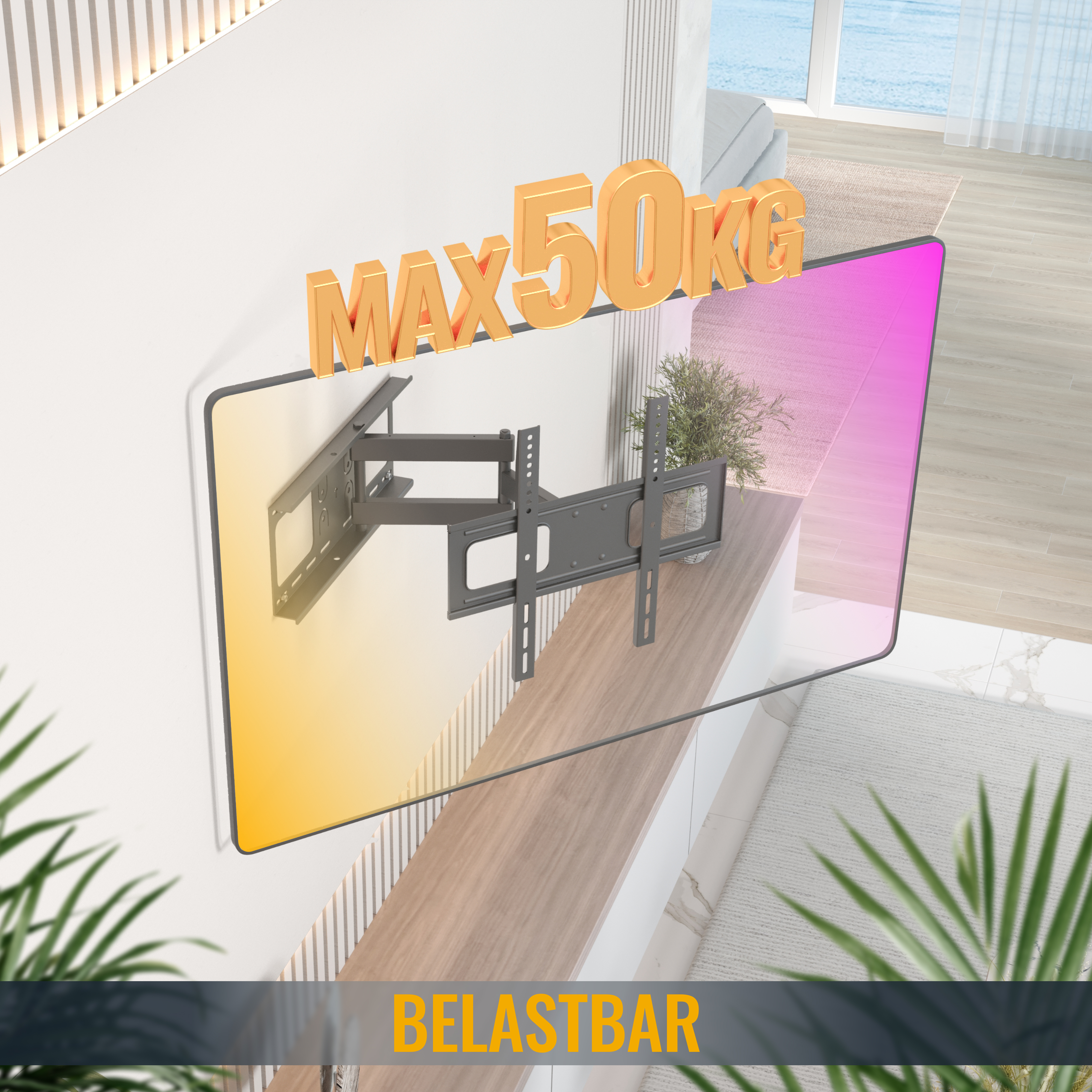 Eine TV-Halterung befindet sich an einer weißen Wand, darüber steht MAX 50KG. Die Halterung ist schwarz.