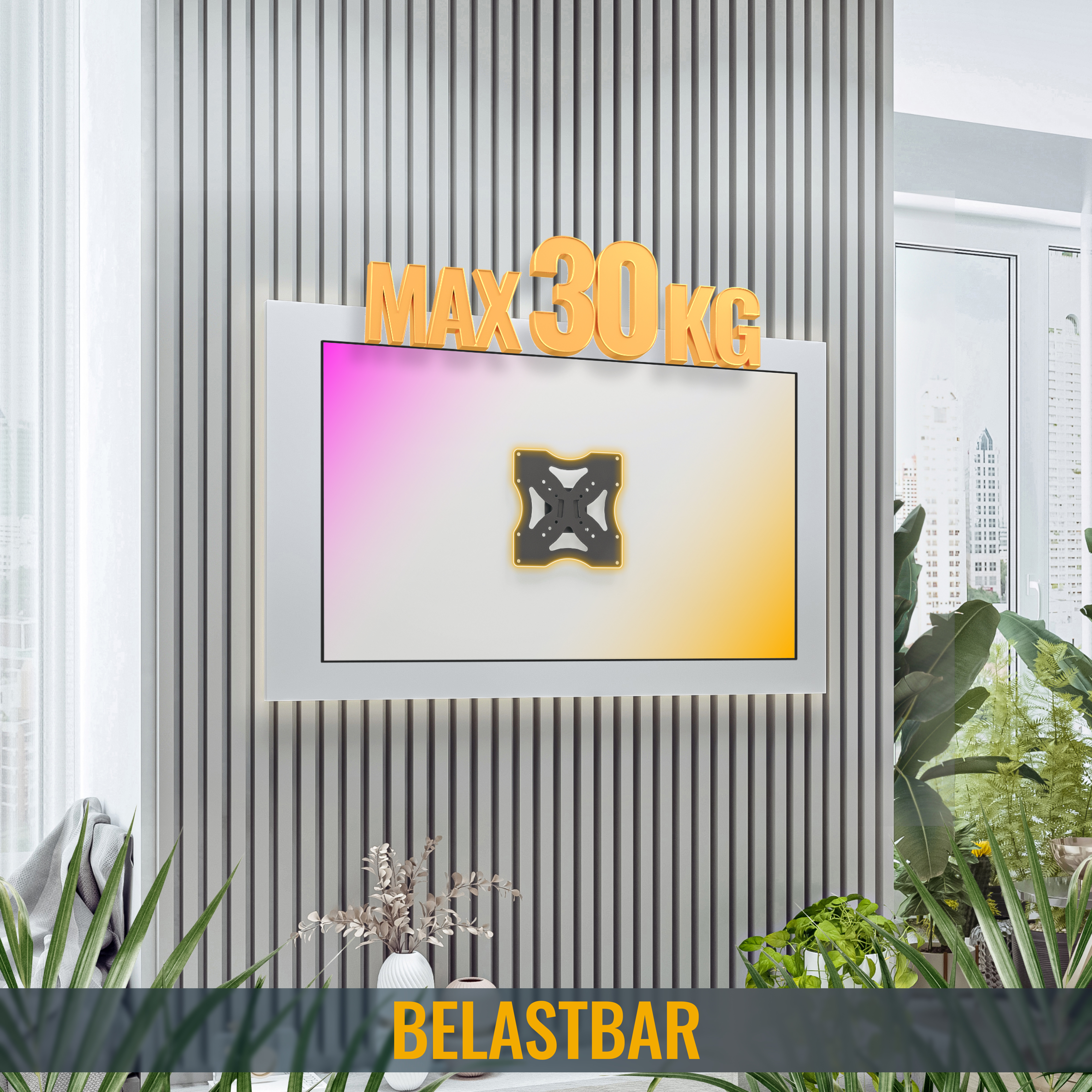 An der Wand montierter Fernseher mit Text: MAX 30KG und BELASTBAR.