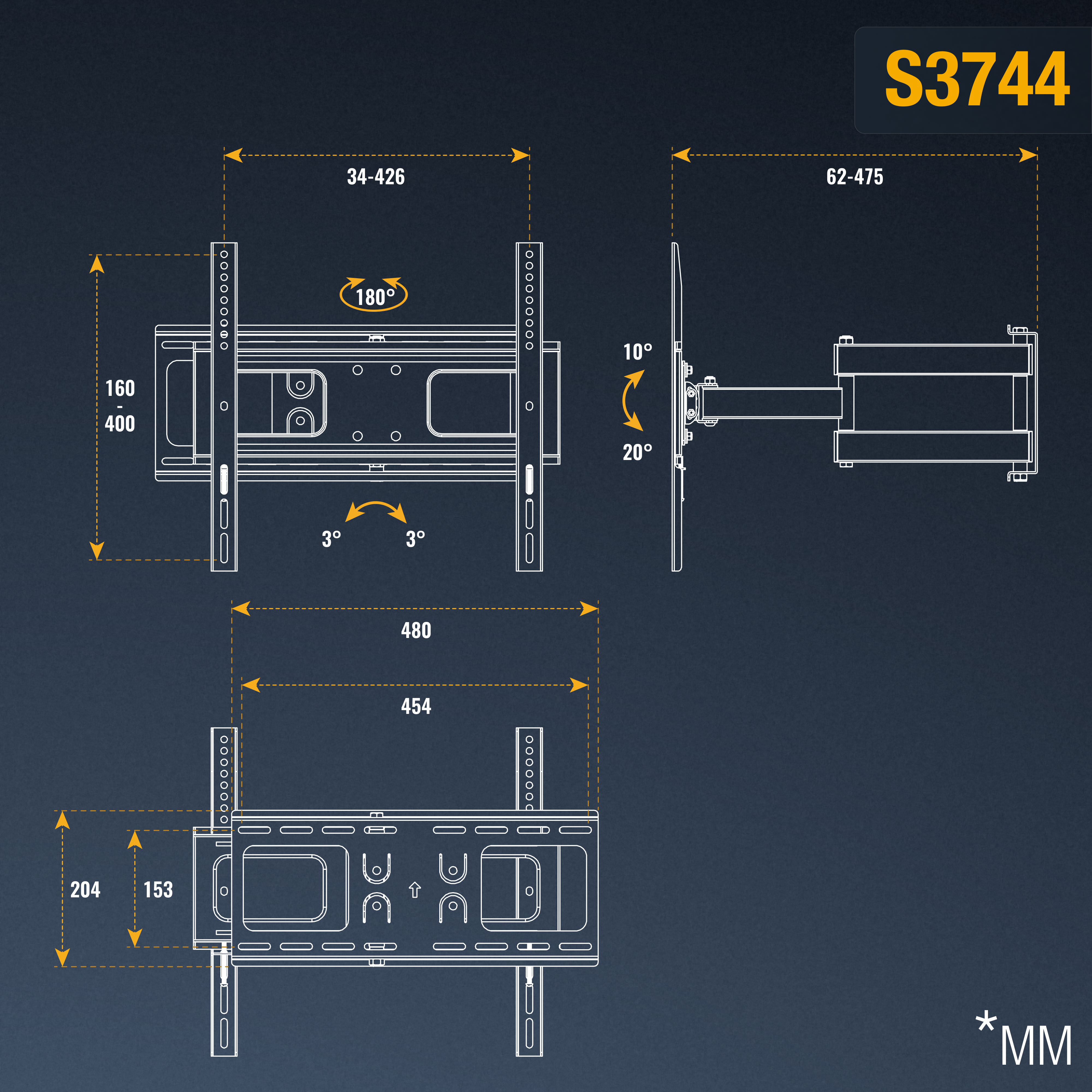 Ein Diagramm veranschaulicht eine TV-Halterung mit Abmessungen, Winkeln und Messungen für die Installation S3744.
