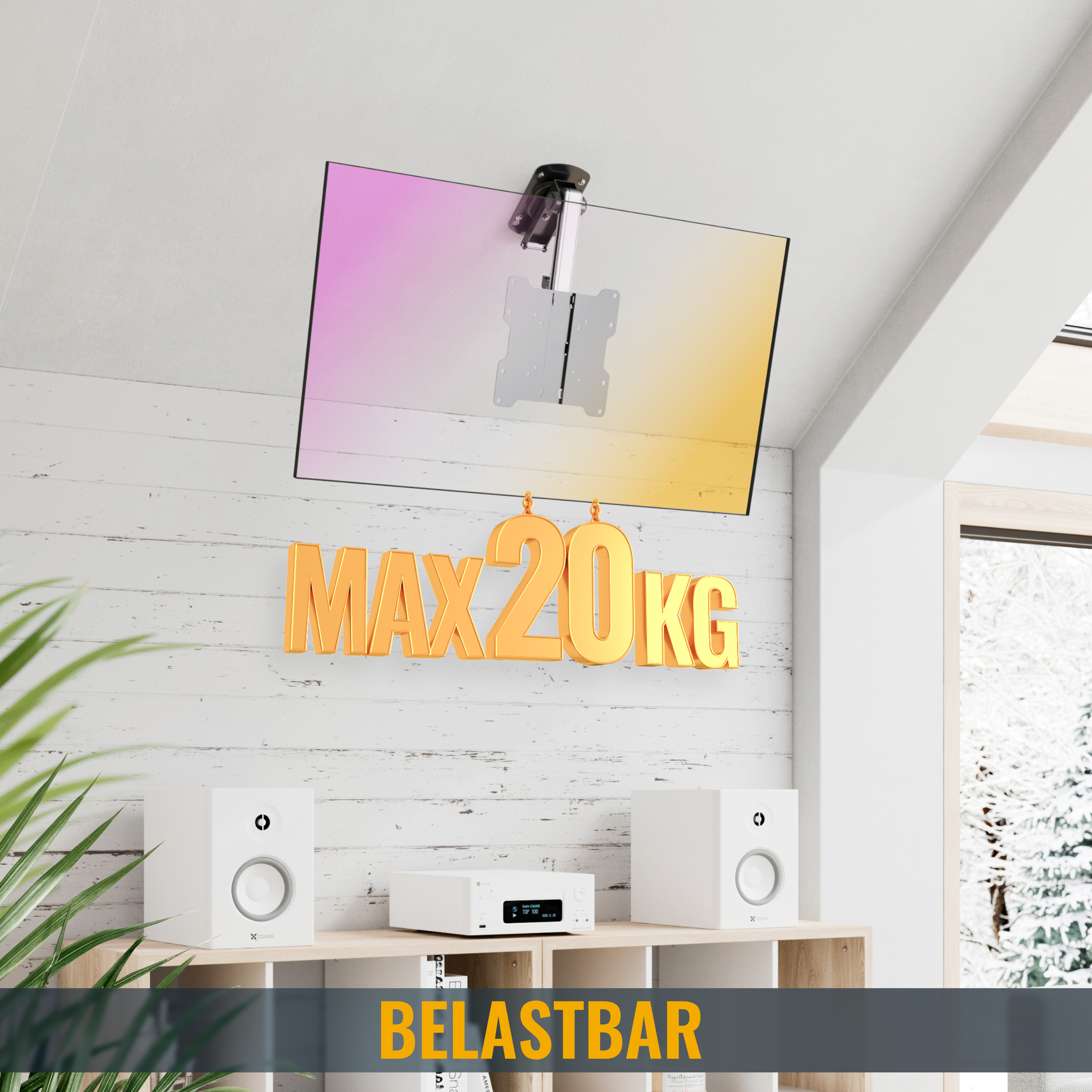 An der Decke montierter Fernseher, mit Text MAX 20KG und BELASTBAR an weißer Wand.