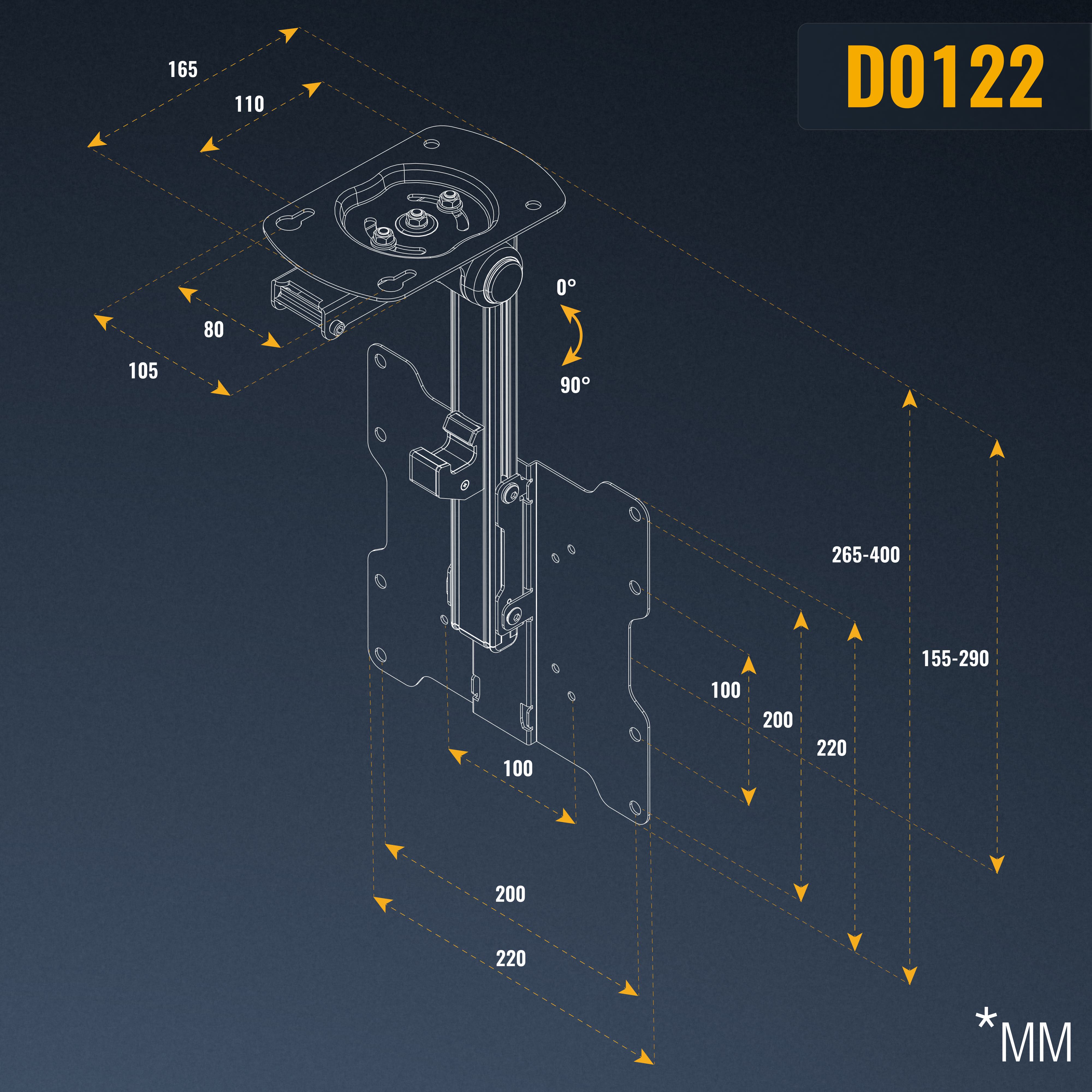 Diagramm einer TV-Halterung mit Abmessungen und Winkeln, beschriftet mit D0122.