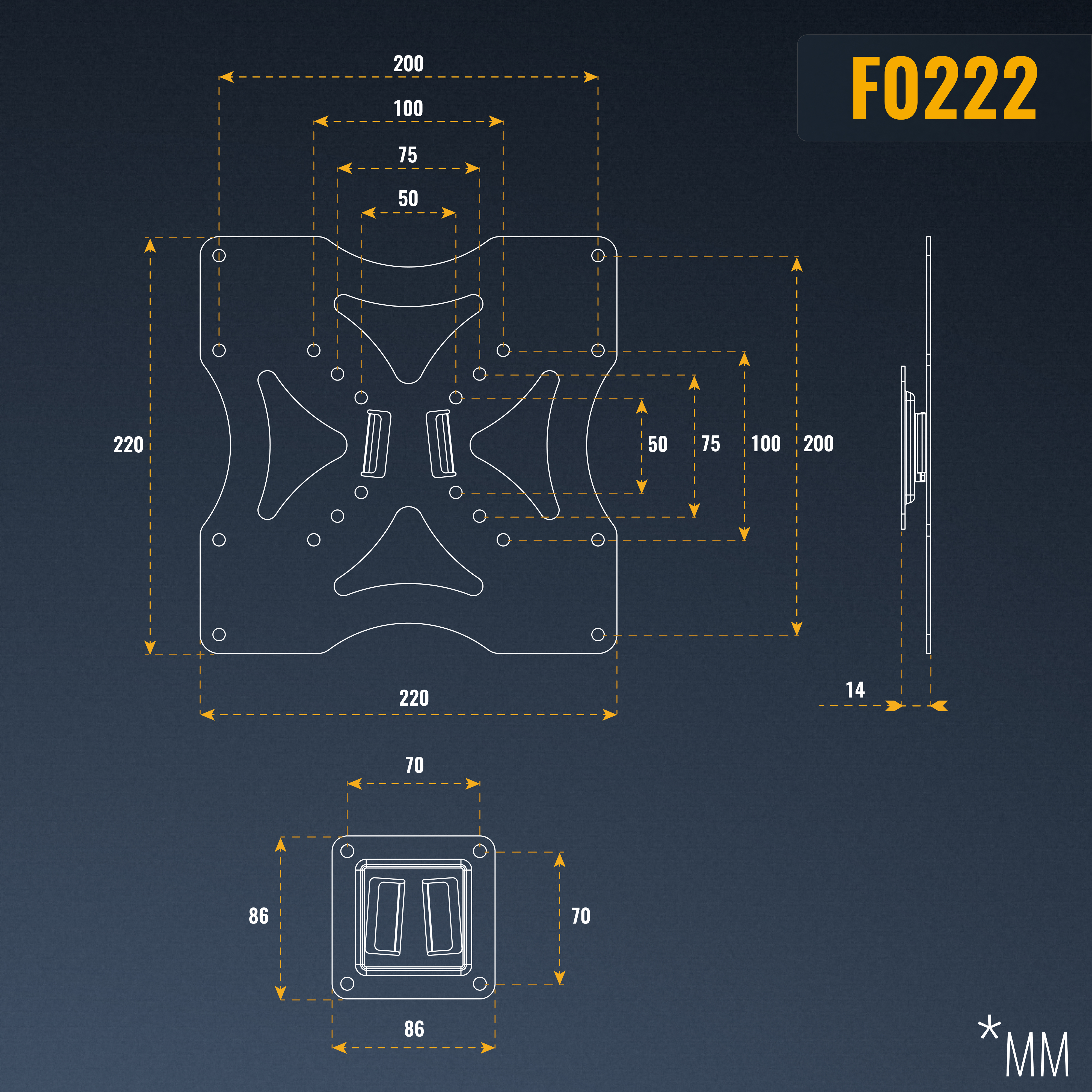 Ein Diagramm zeigt die Abmessungen für eine VESA-Montageplatte mit der gelben Beschriftung F0222.