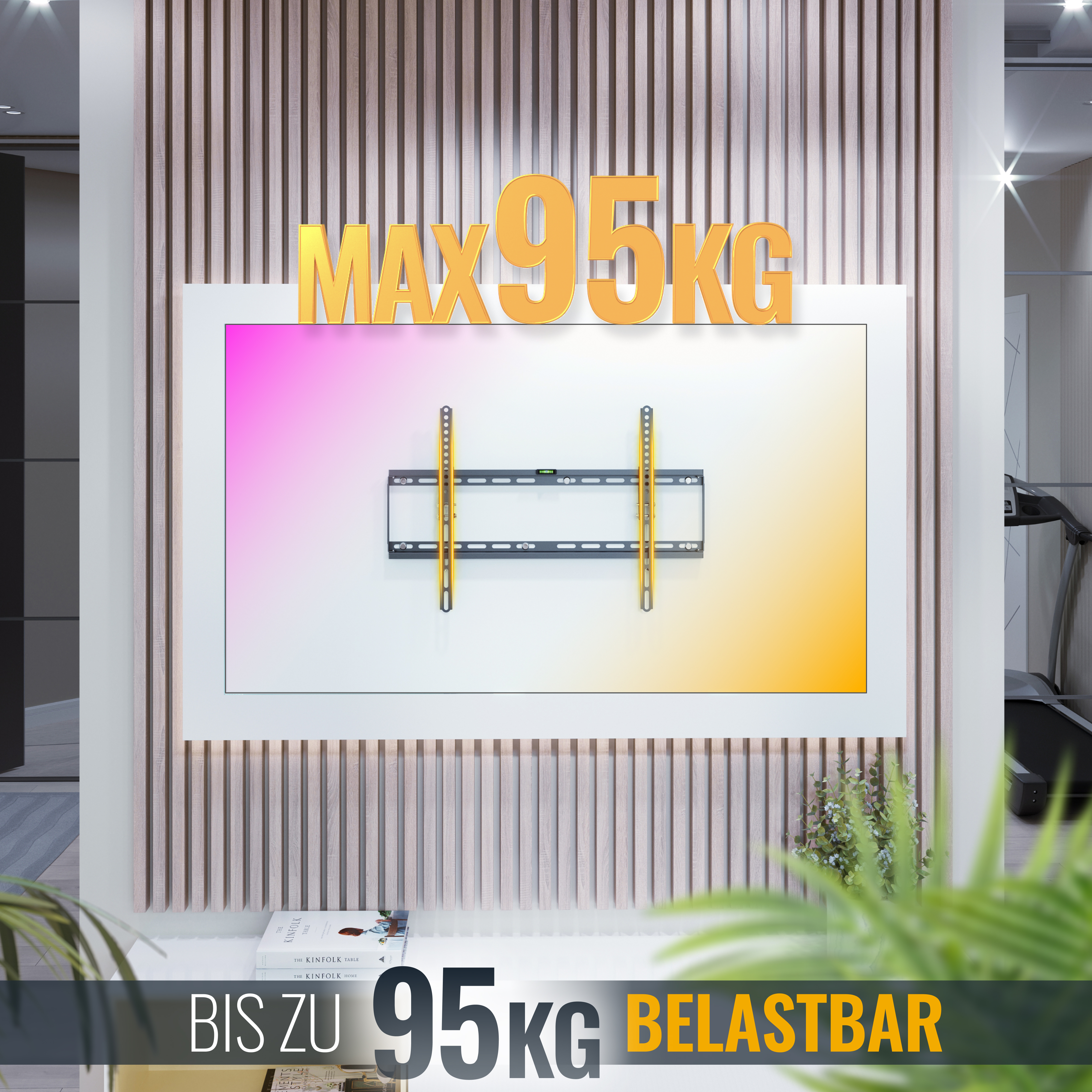 Eine TV-Halterung an einer gestreiften Wand, die einen Fernseher mit einem orange-pinkfarbenen Farbverlauf trägt. Text weist auf eine Gewichtsgrenze von 95 kg hin.