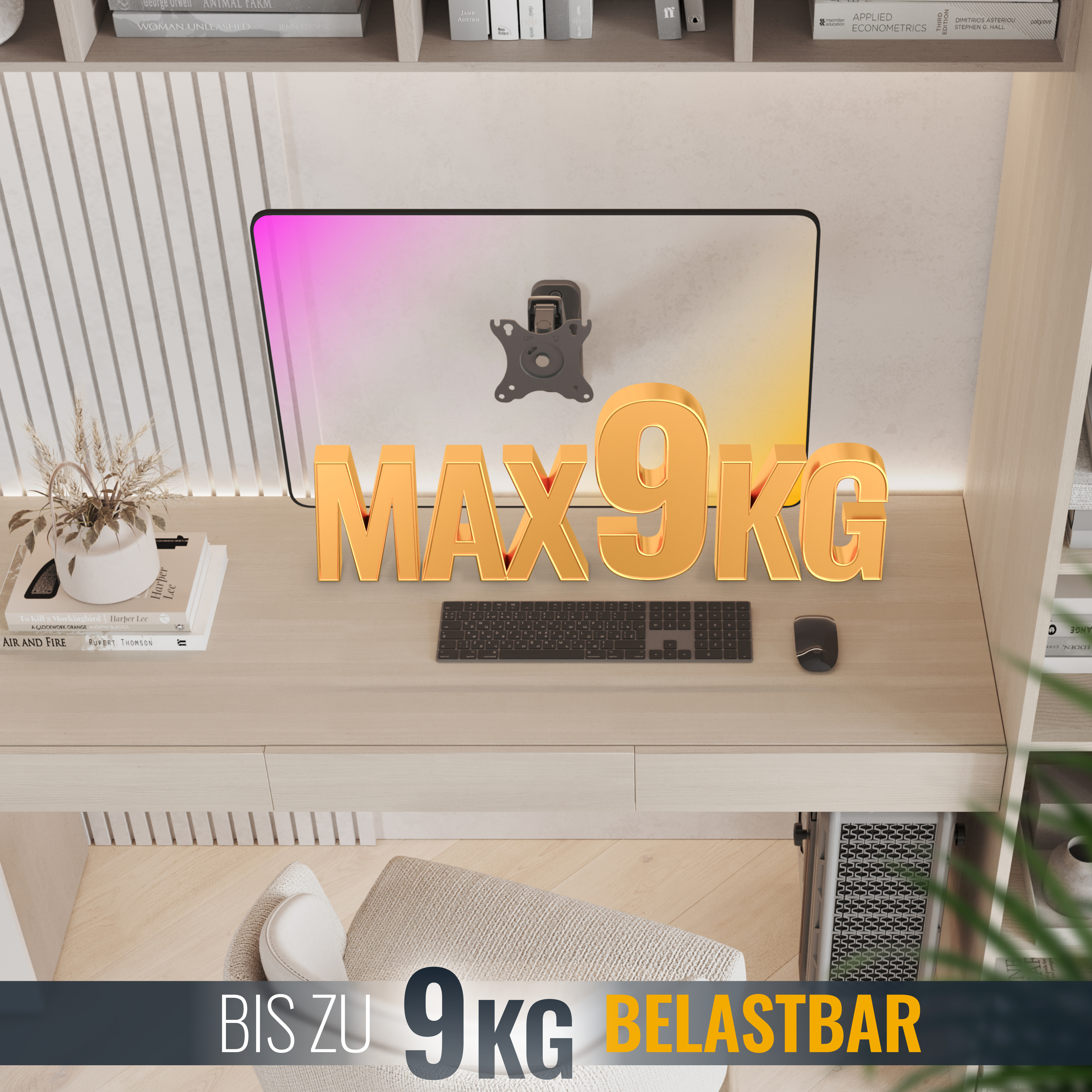 Eine Monitorhalterung wird gezeigt, die einen Monitor mit einem Farbverlaufsbildschirm trägt. Der Text weist auf eine Gewichtsbegrenzung von 9 kg hin.