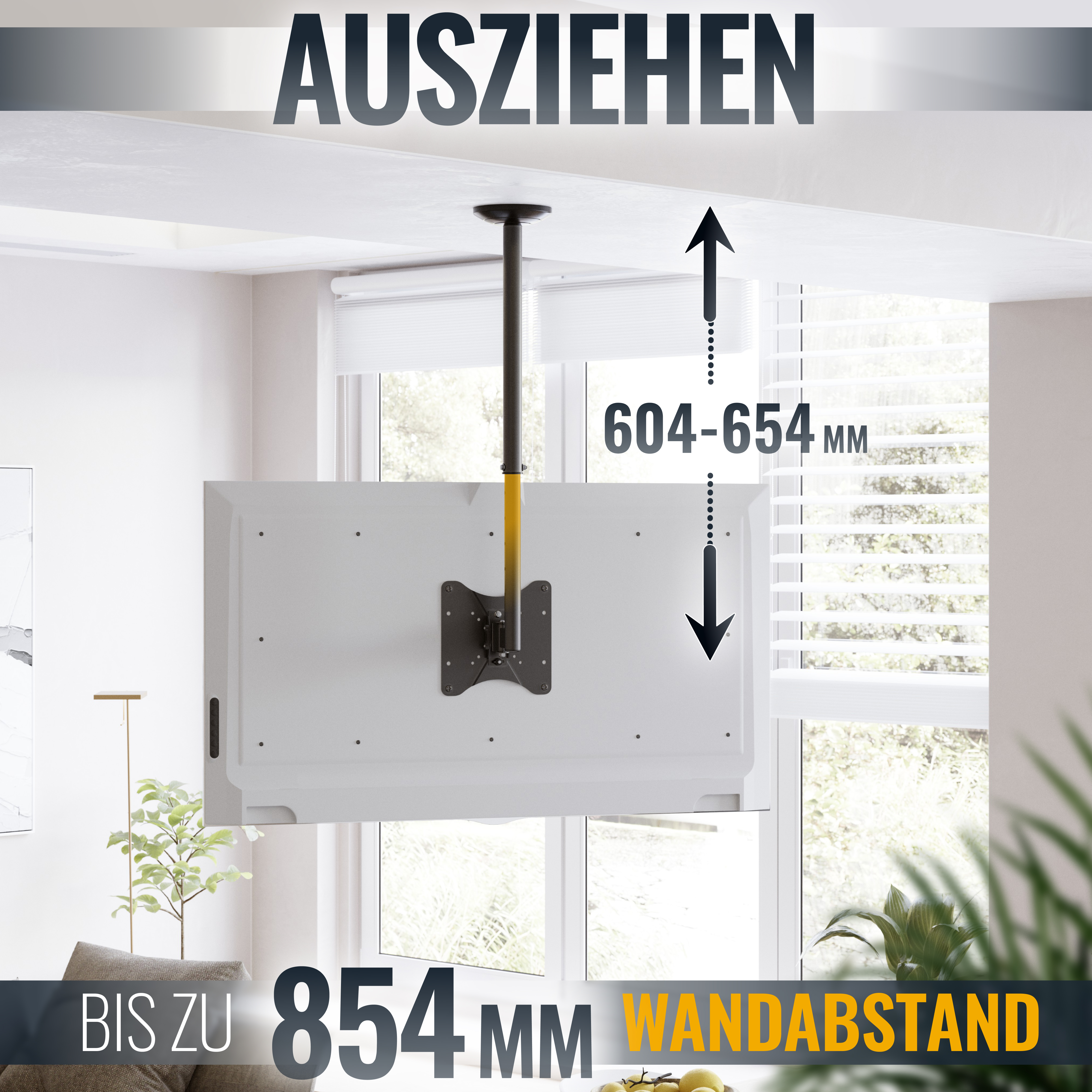 Ein Fernseher hängt mit einer Halterung von der Decke, wobei die Abstände in Millimetern angegeben sind.