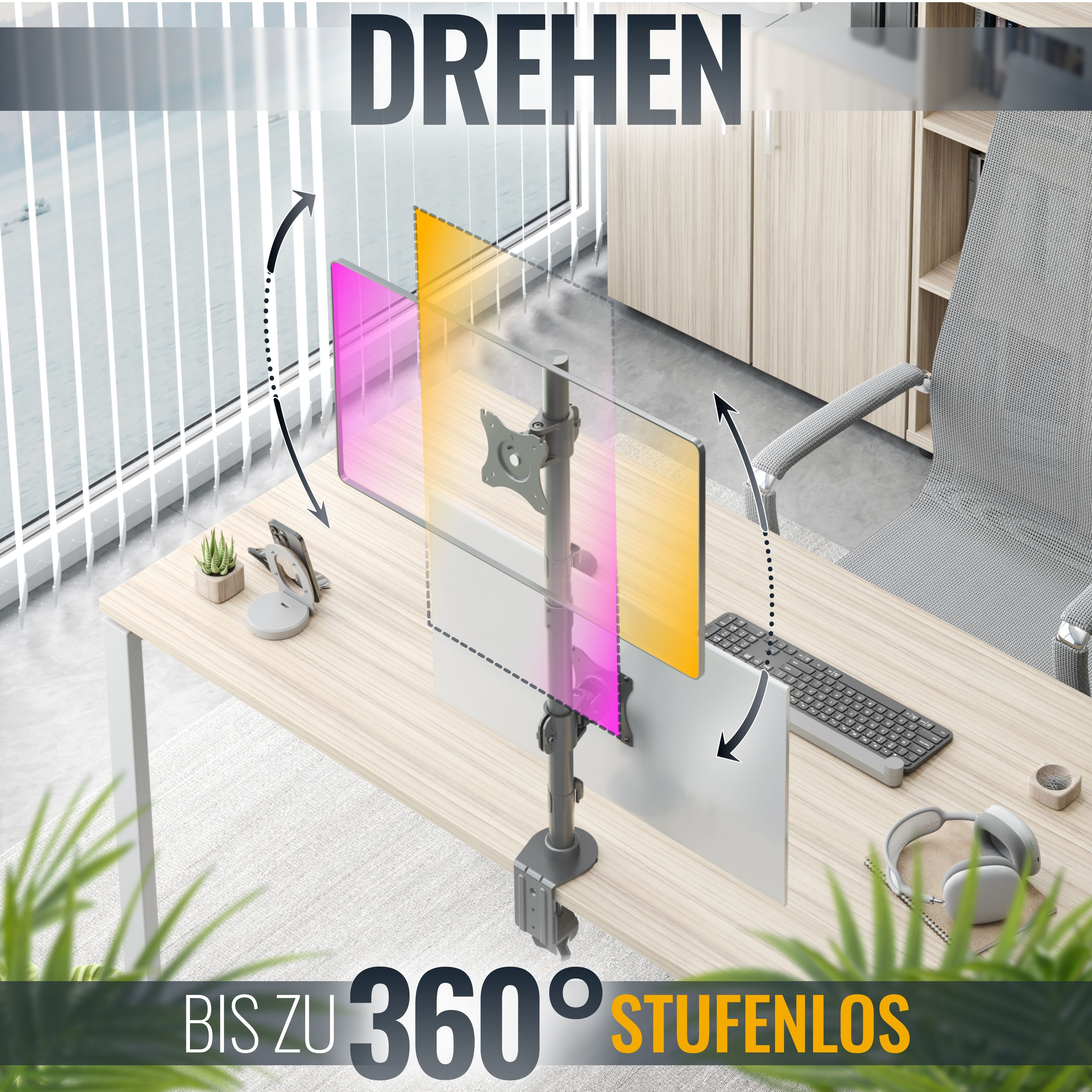 Ein Schreibtisch mit Monitor und Halterung, die Drehung zeigend.